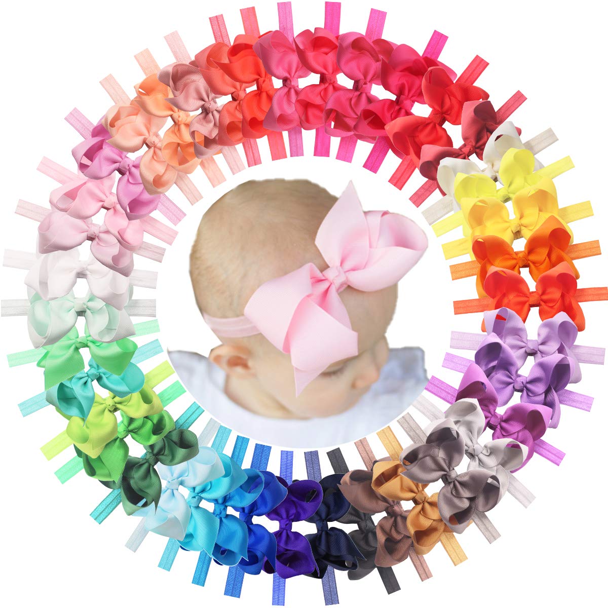 40 Colors Baby Grosgrain Ribbon Hair Bows & Headbands - 4.5 Inch Big Bow Hair Accessories for Girls, Infants, Toddlers & Newborns - Perfect for Birthday Parties, Photo Shoots & Daily Outfits