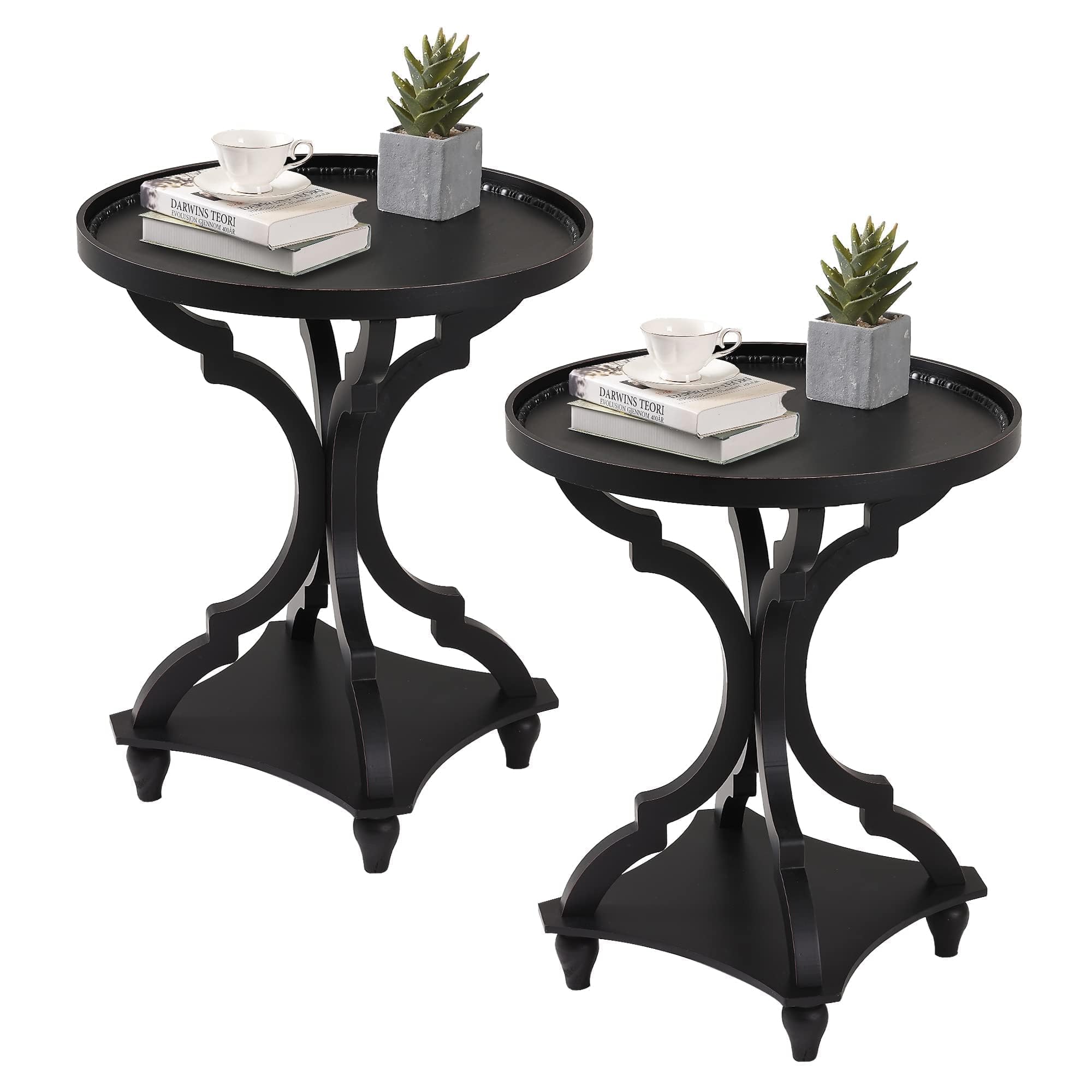 Wnutrees Farmhouse Round Accent End Table Set of 2 - Rustic Wood Side Table with Tray Top, Handcrafted Finish for Living Room, Bedroom or Office - Black Nightstand for Home Decor
