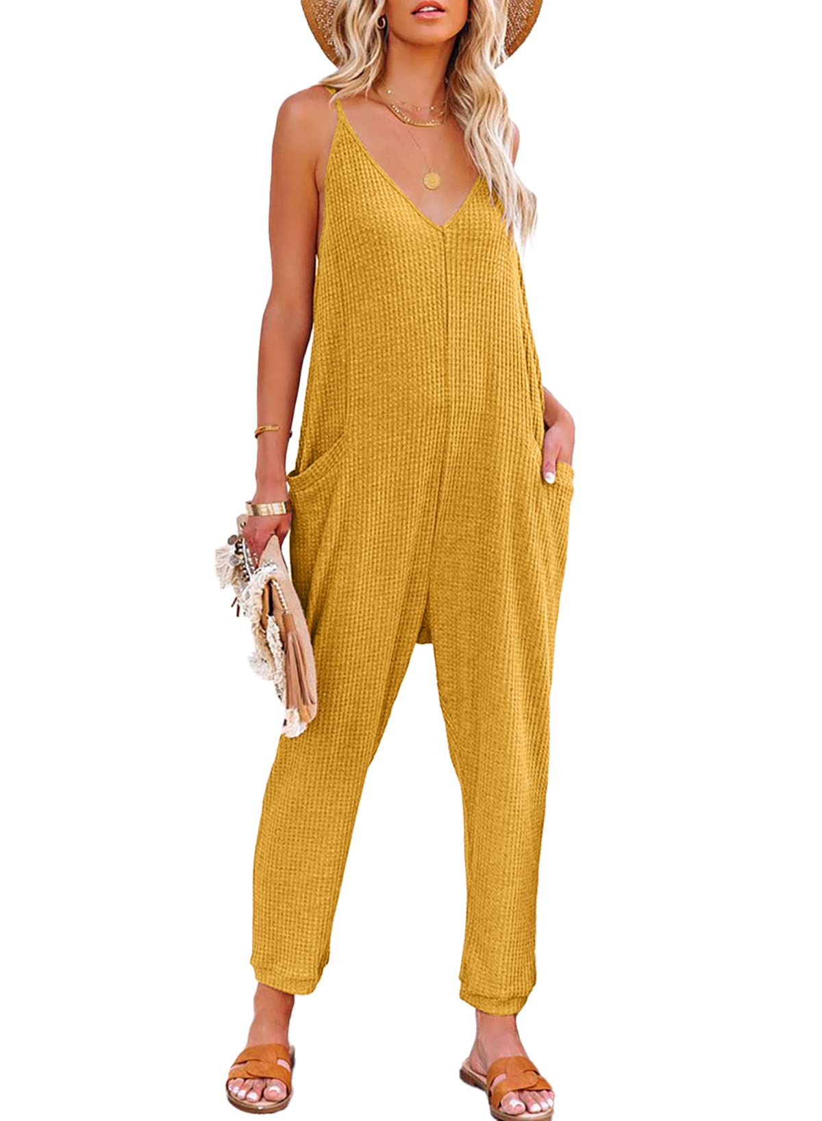 AlvaQ Women's Casual Waffle Knit Jumpsuit - Loose Fit Spaghetti Strap Overalls with Pockets | Fall Fashion Outfit for Work, Travel & Weekend Wear 2023