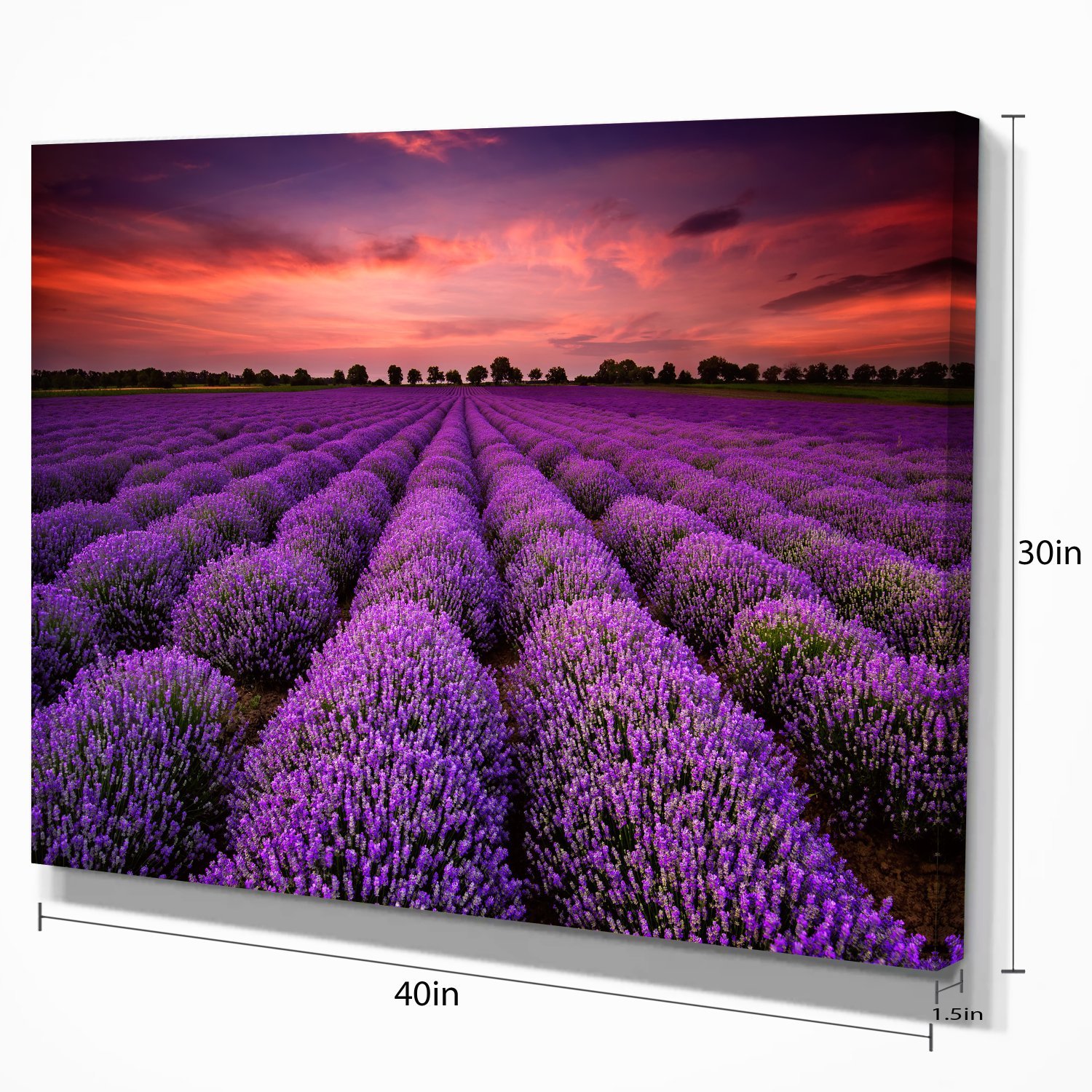 Extra Large Red Sunset Over Lavender Field Wall Art - Stunning Landscape Canvas Print for Living Room, Bedroom & Office Decor