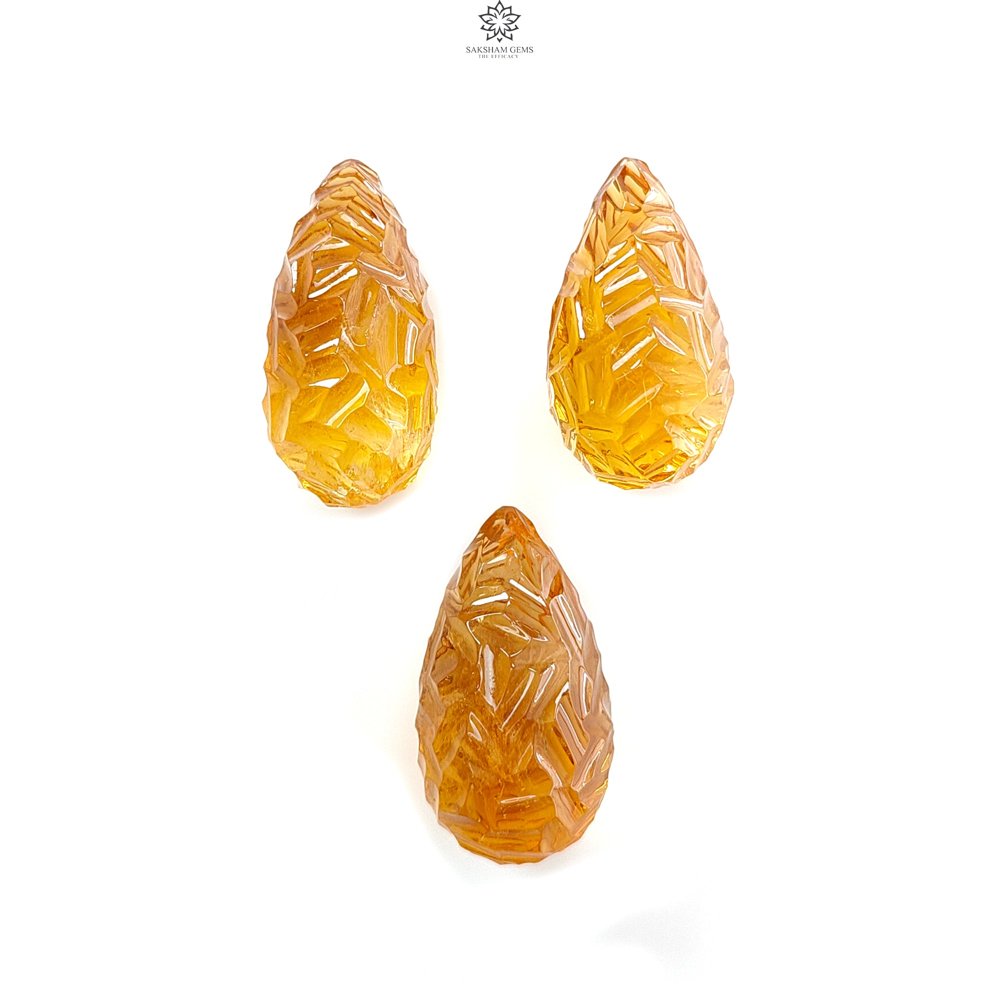 Natural Untreated Yellow Citrine Gemstone Carving - 100.00cts Hand Carved Teardrop Shape 26mm-27mm (3pcs Set) November Birthstone for Jewelry Making, Healing Crystals & Gift Giving
