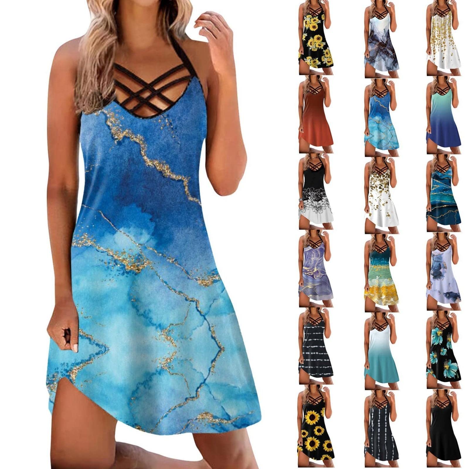 Women's Summer Floral Sundress - Casual Loose Fit Criss Cross Strappy Halter Beach Dress for Outdoor, Vacation & Party Wear