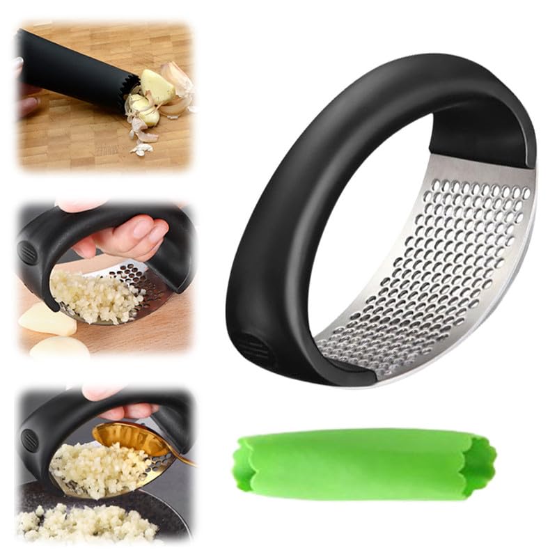 2024 Premium Stainless Steel Garlic Press & Rocker Crusher - Heavy Duty Manual Garlic Mincer with Peeling Drum - Kitchen Gadget for Chopping, Mashing Garlic - Perfect for Home Cooking, Meal Prep & Professional Kitchens (Black, 1 Set)