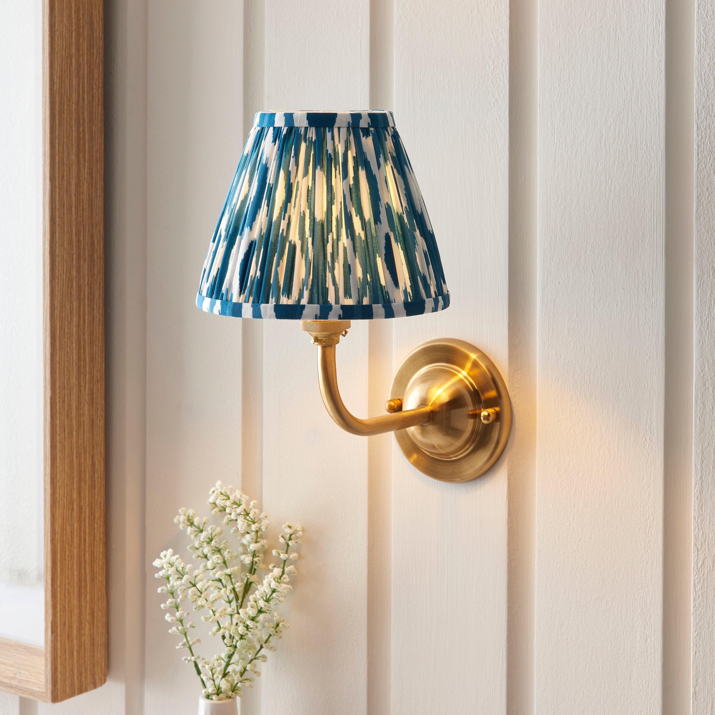 Brass Wall Light with Dome Arc Design & 16cm Ikat Marlin Blue Shade - Perfect for Bedroom, Living Room, and Hallway Lighting Decor