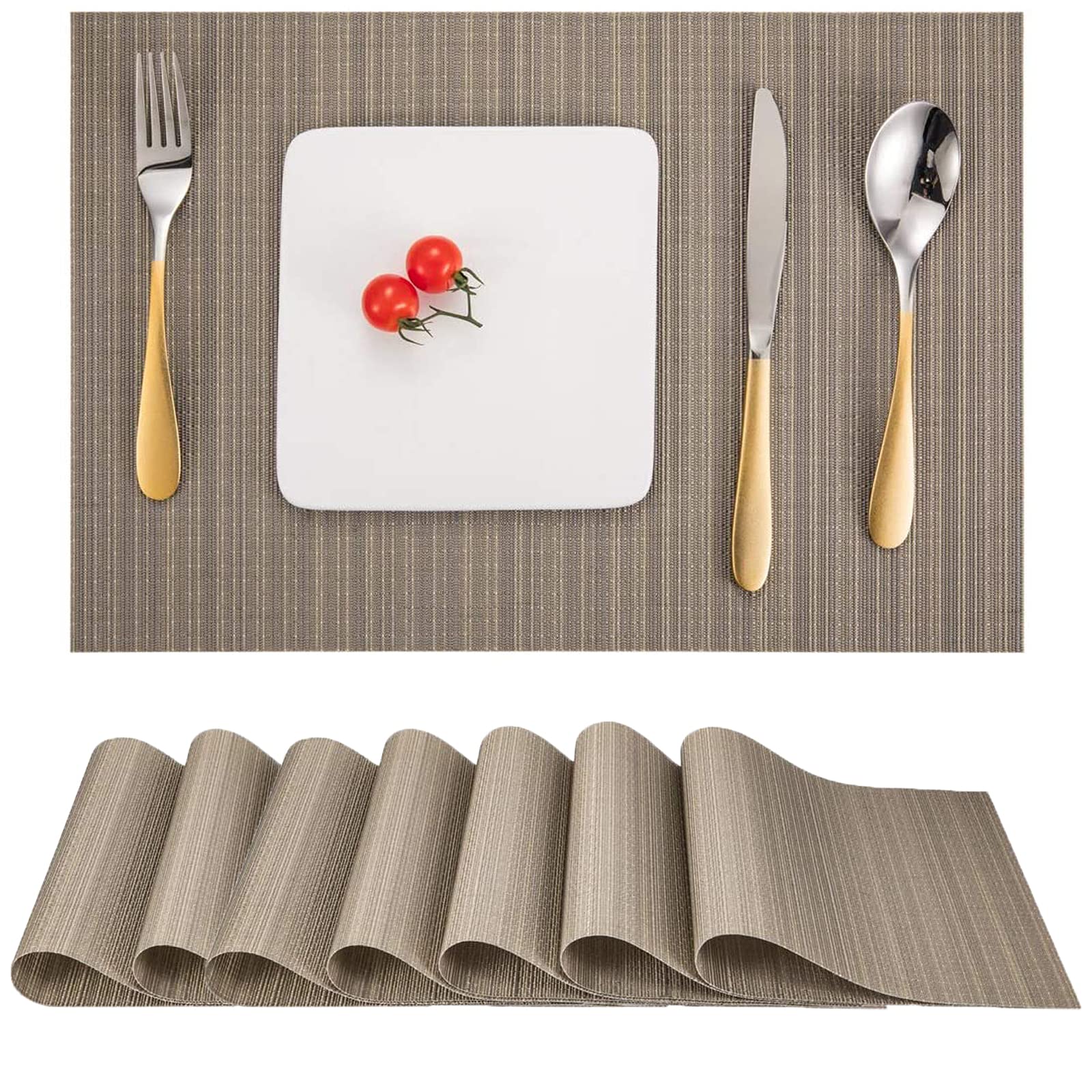 Myir JUN Set of 8 Washable Non-Slip Heatproof Woven Placemats - Golden Silver PVC Table Mats for Dining Room, Kitchen, and Indoor Use - Durable Fabric Placemats for Everyday Meals and Special Occasions