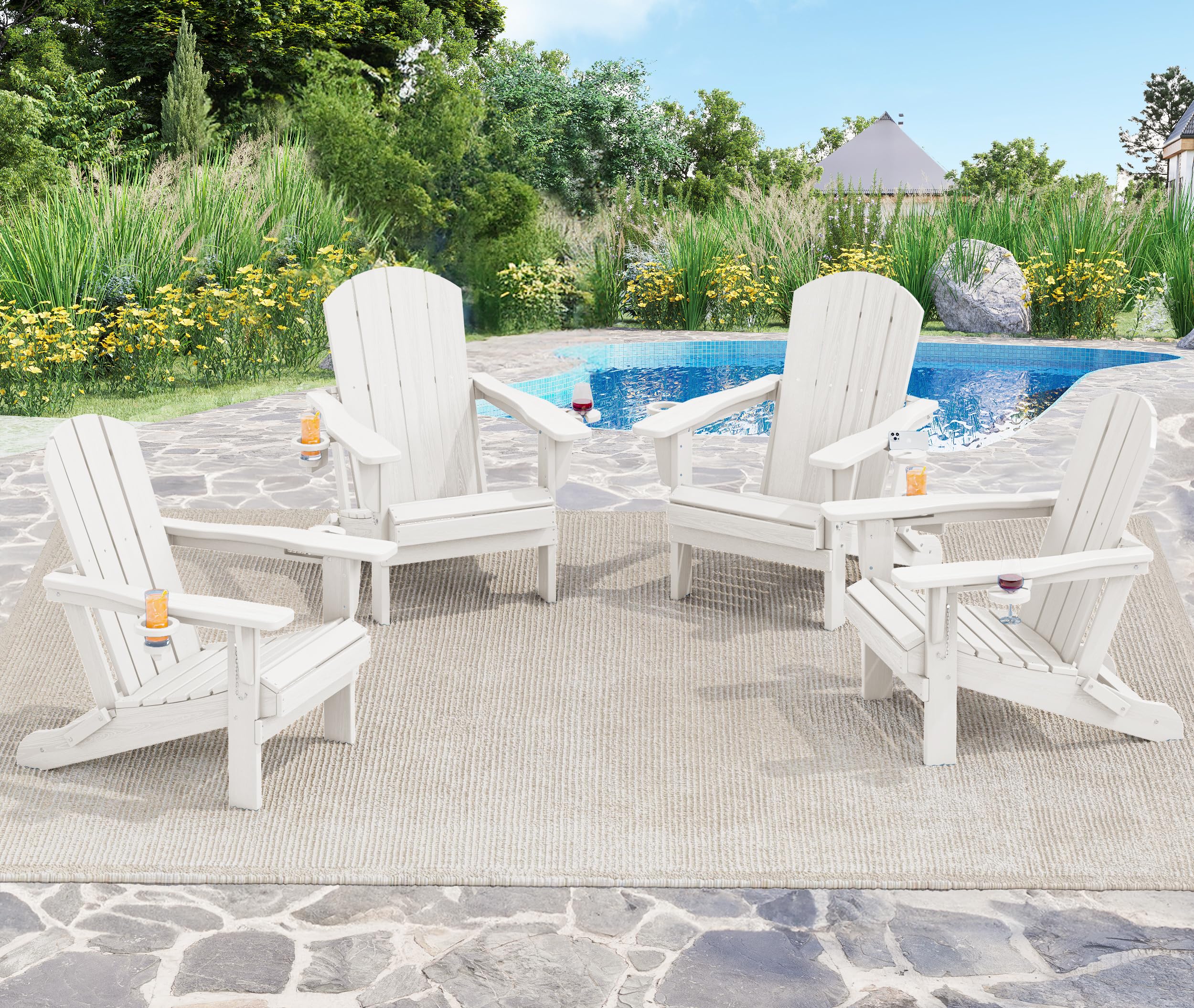Premium SERWALL Adirondack Chair with Cup Holders - Durable HDPE Composite Outdoor Patio Furniture - All-Weather Resistant White Lounge Chair for Backyard, Poolside & Garden Relaxation