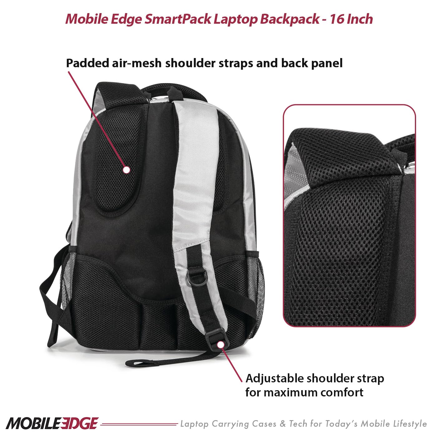 Mobile Edge SmartPack Laptop Backpack for Men & Women - 16 Inch Laptop Compatible - Ultra Lightweight Business & Travel Backpack (Silver) - Perfect for Office Commute, College Students & Airplane Carry-On