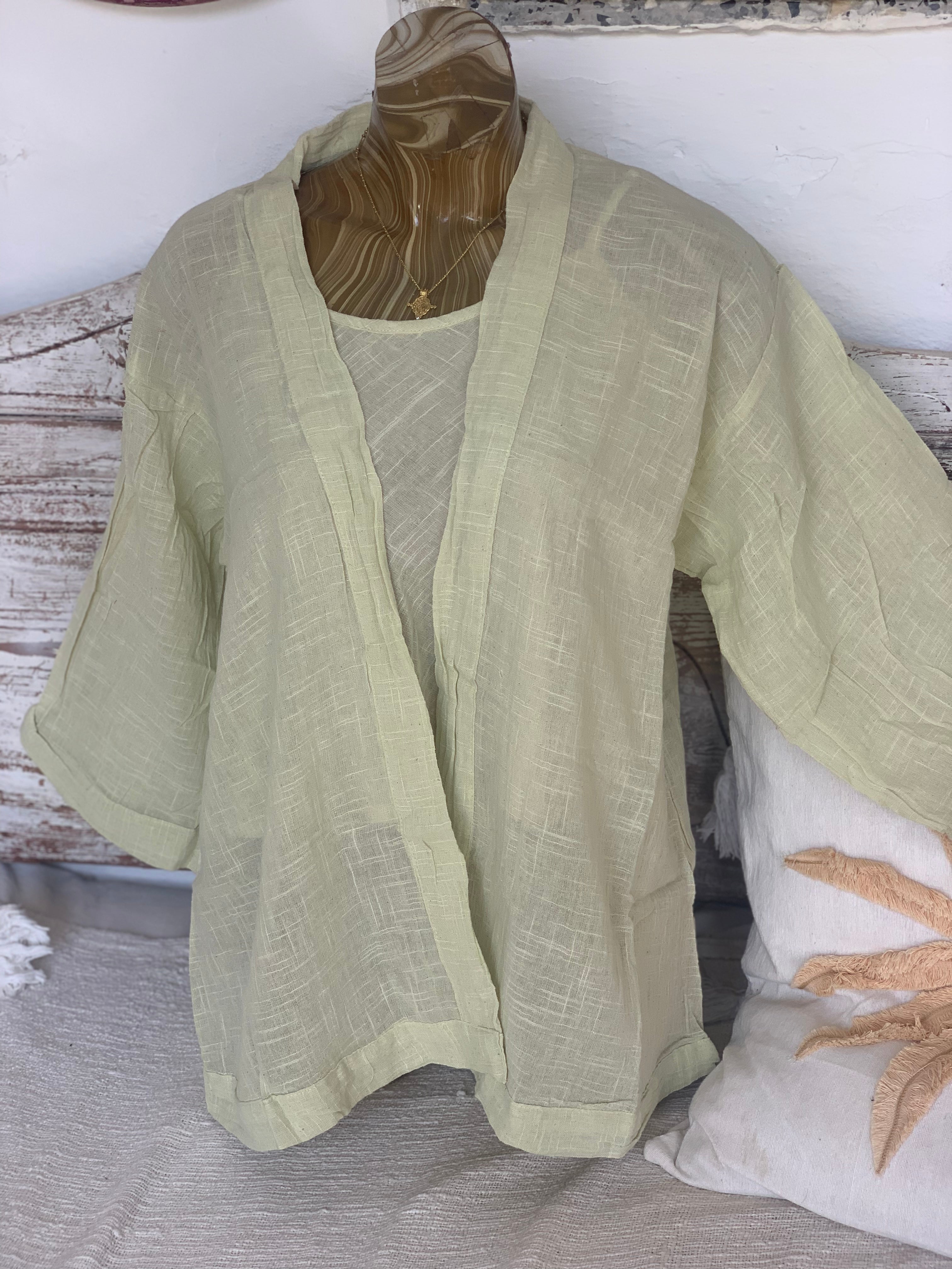 Stylish Ibiza Boho Short Linen Kimono in Pistachio Green - Perfect for Beach Cover-ups, Summer Festivals & Boho Chic Outfits