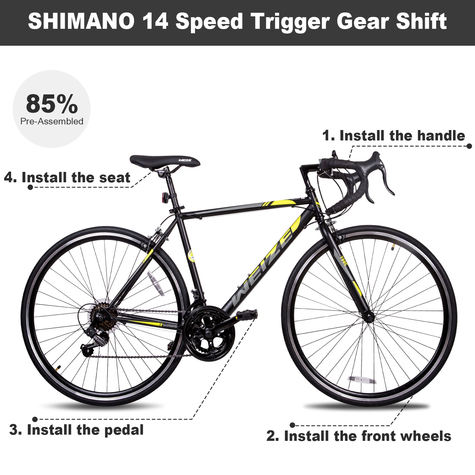 WEIZE 700C Road Bike - Shimano 14 Speed Commuter Bicycle with Drop Bar & Caliper Brakes - High Carbon Steel Hybrid Bike for Men & Women - Perfect for Urban Commuting, Fitness Riding & Weekend Adventures (Black)