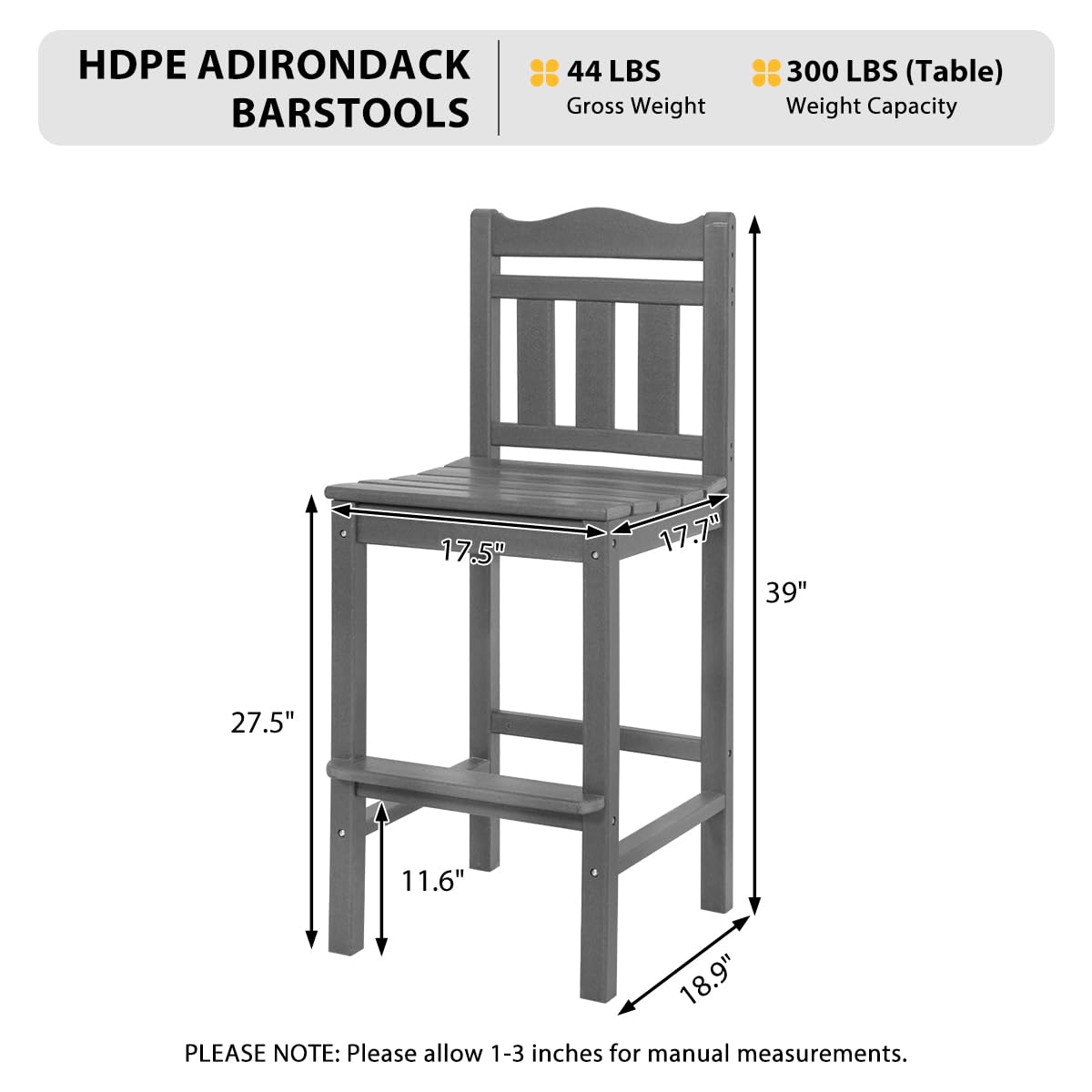 Sundale Outdoor 3-Piece Adirondack Bar Set - 2 Counter Height Adirondack Chairs & Round Side Table - Durable HDPE Stools for Patio, Deck, or Garden - Gray Bistro Dining Furniture for Outdoor Entertaining