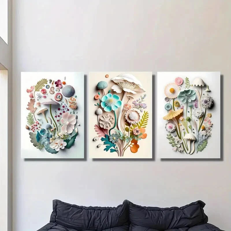 3-Piece Floral and Mushroom Decorative Metal Wall Art Prints - Ready to Hang - Modern Home & Office Decor for Living Room, Bedroom, Kitchen