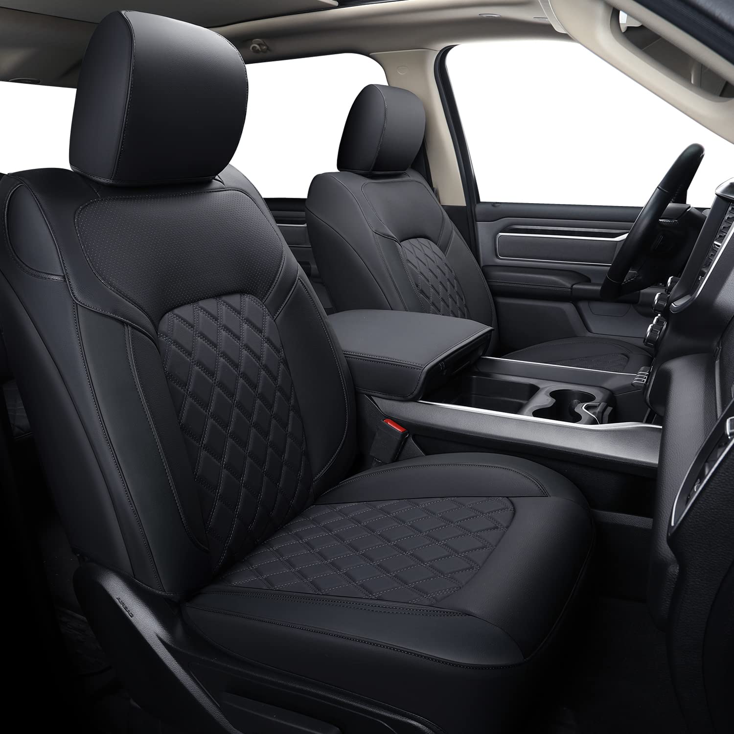 FEELiT Waterproof Seat Covers for Ram 1500 2019-2025 Crew Cab - Custom Fit Protectors for Bighorn/Laramie/Limited/Longhorn Pickup Trucks with 4/6 Split Flat Rear Seat (Full Set, Black) | Durable All-Weather Protection for Work & Outdoor Adventures