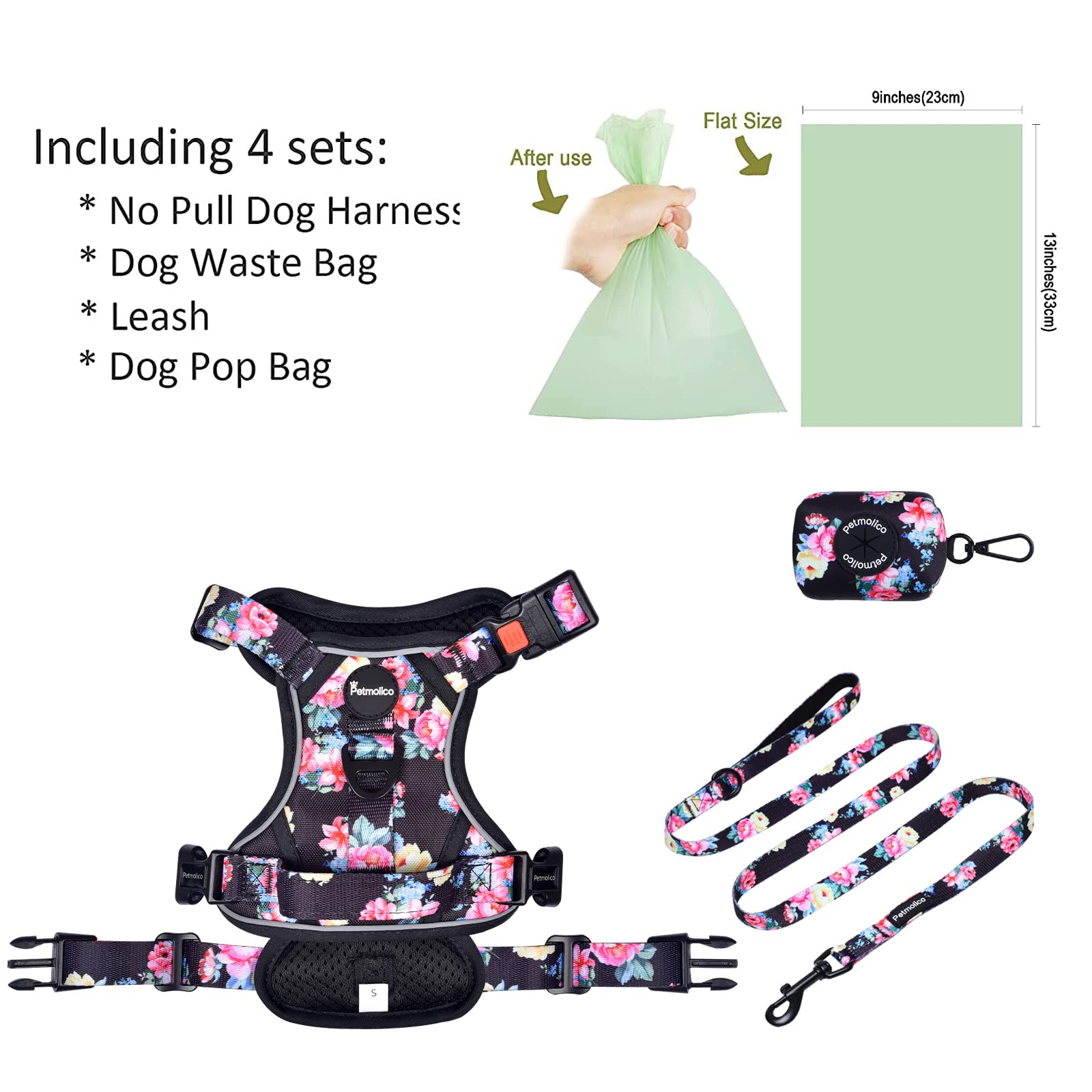 Petmolico No Pull Dog Harness Set with Leash - Reflective Adjustable Vest for Small & Medium Breeds, Puppy Harness with Easy Control Handle & Poop Bag Holder - Perfect for Walking, Training & Outdoor Adventures (Medium - Paeonia)