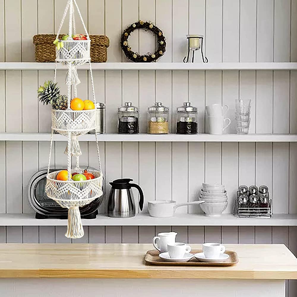 3-Tier Braided Hanging Fruit Basket - Space Saving Kitchen Storage Organizer for Fruits, Vegetables & Plants | Perfect for Pantry, Countertop & Small Spaces