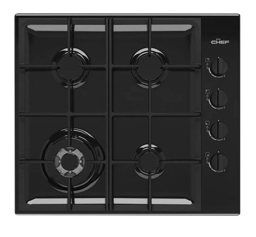 Chef CHG644DC 600mm 4 Burner Gas Cooktop with 14.4MJ/h Wok Burner - Black Stainless Steel - Perfect for Home Kitchen, Restaurant & Outdoor Cooking