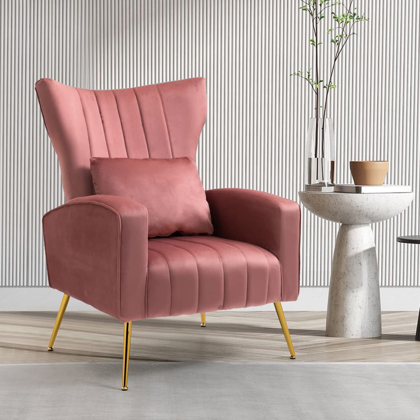 Luxury Velvet Accent Chair with Gold Legs & Lumbar Pillow - Modern High Back Armchair for Living Room, Bedroom & Vanity - Pink Barrel Chair for Home Decor & Relaxation