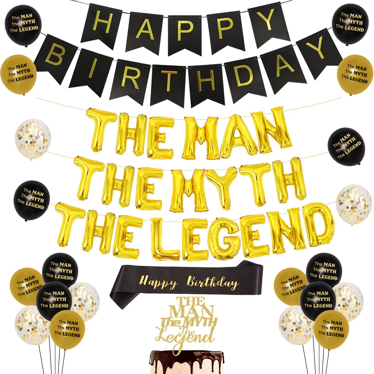 The Man The Myth The Legend Birthday Party Decorations Set - Black & Gold Banner, Cake Topper & Balloons for Men's Birthday, Father's Day or Whiskey Themed Retirement Party | Perfect for Home, Office & Bar Celebrations