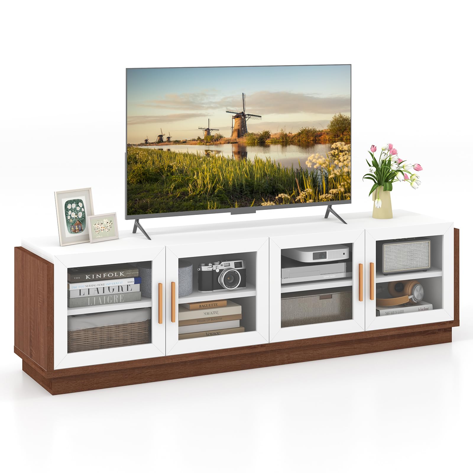 Giantex 75 Inch TV Stand with 4 Tempered Glass Doors & 2 Adjustable Shelves - Large Entertainment Center with 4 Cable Holes, Media Console (70