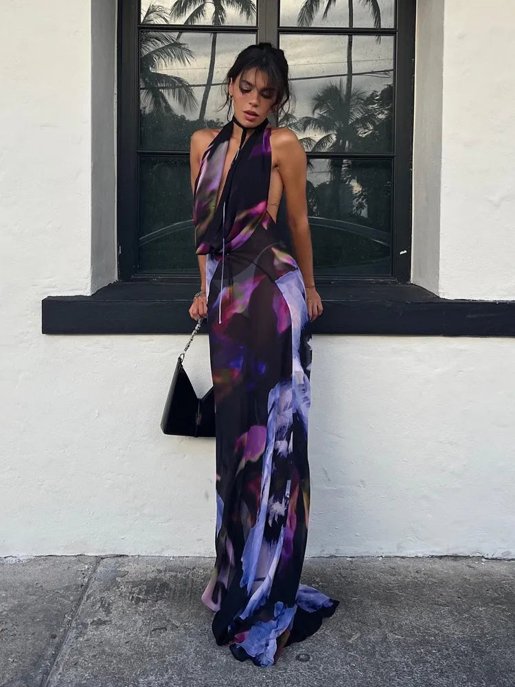 Sexy Purple Print Backless Maxi Dress for Women - Halter Bodycon Summer Beach Dress, Elegant Sleeveless Club Party Outfit 2022 | Perfect for Beach Vacations, Night Parties & Date Nights