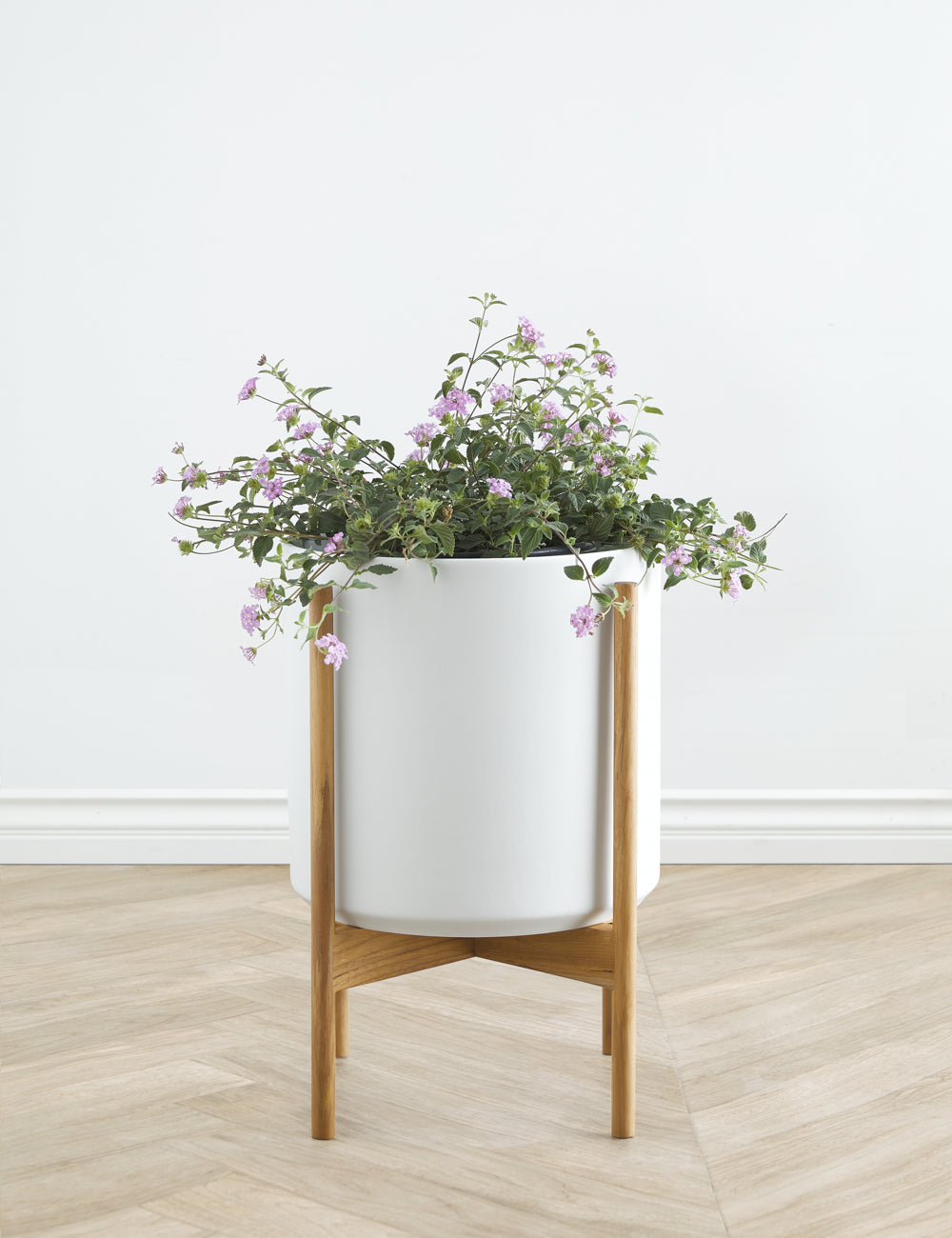 LBE Design Ceramic Planter Pot with Teak Wood Stand - Modern Indoor Outdoor Flower Pot for Home Garden, Patio, and Office Decor