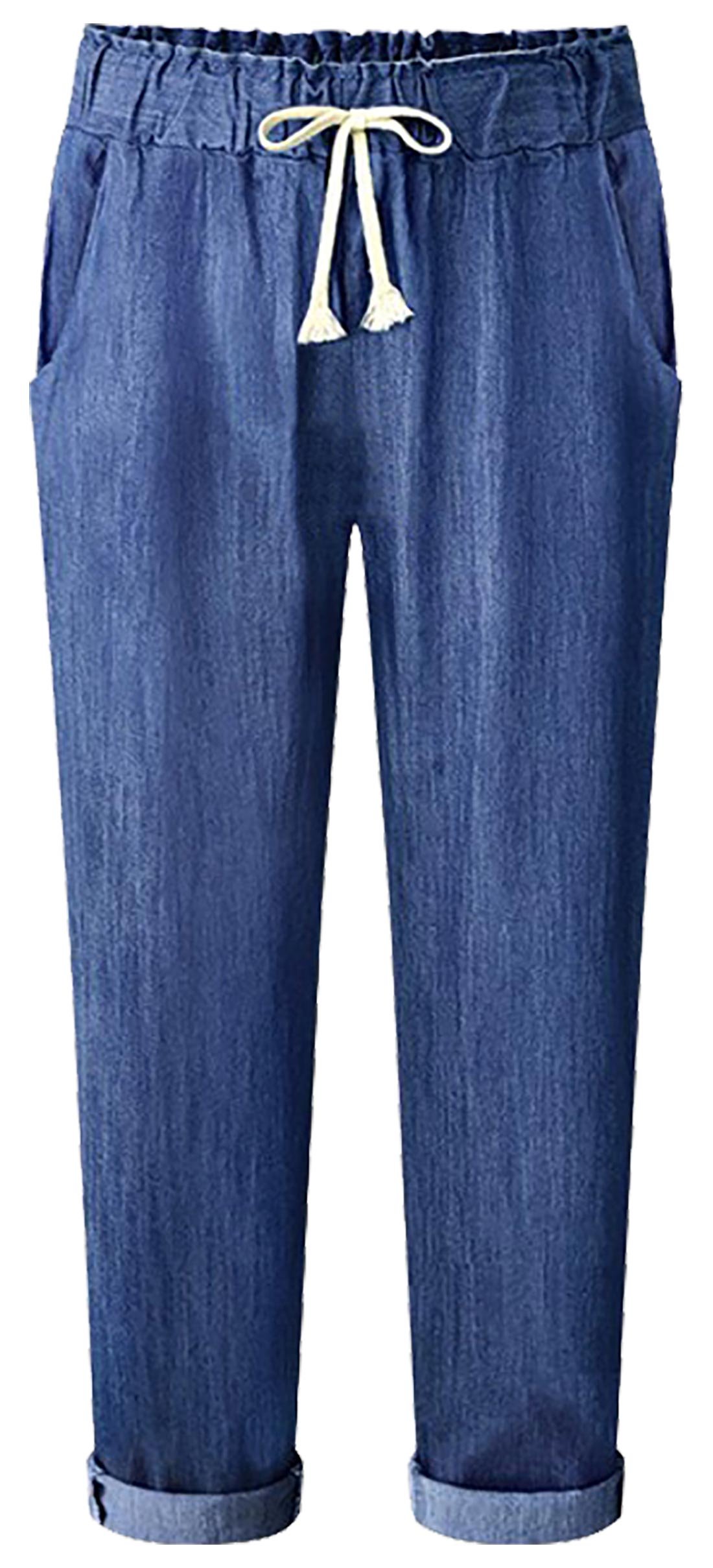 FEOYA Women's Casual Elastic Stretchy Loose Drawstring Denim Pants - Comfortable Lounge Pants for Yoga, Travel & Everyday Wear