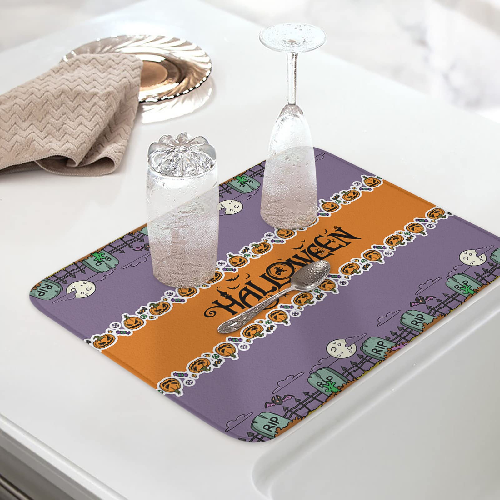 Halloween Pumpkin Tombstone Dish Drying Mat - Purple Microfiber Absorbent Kitchen Counter Mat, Reversible Quick-Dry Dish Drainer Rack (16x18 Inch) | Machine Washable | Perfect for Halloween Decor & Kitchen Counter Protection