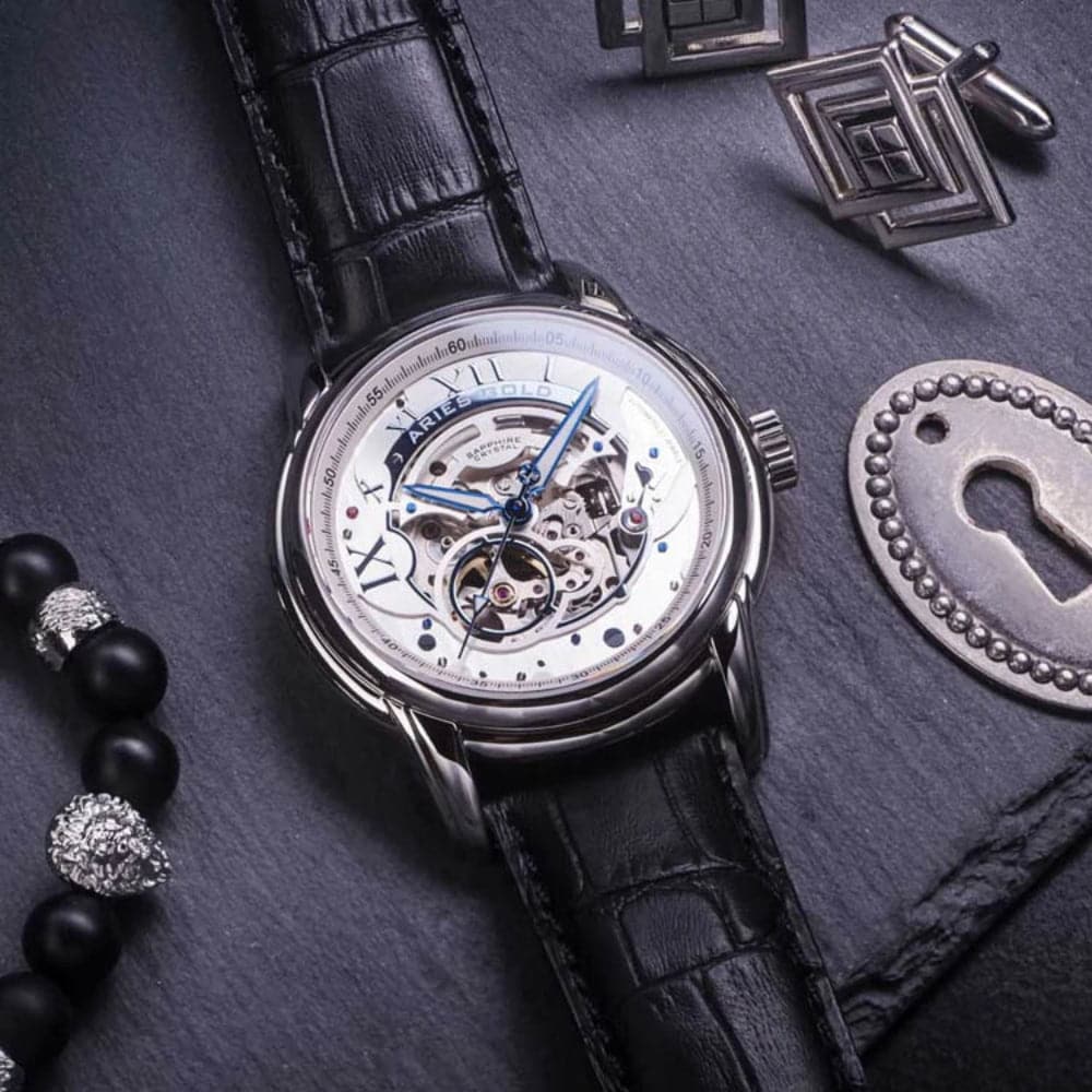ARIES GOLD Automatic Infinum El Toro Men's Watch - Silver Stainless Steel Case, Black Leather Strap (Model G9005A) - Perfect for Business, Formal Occasions & Everyday Wear