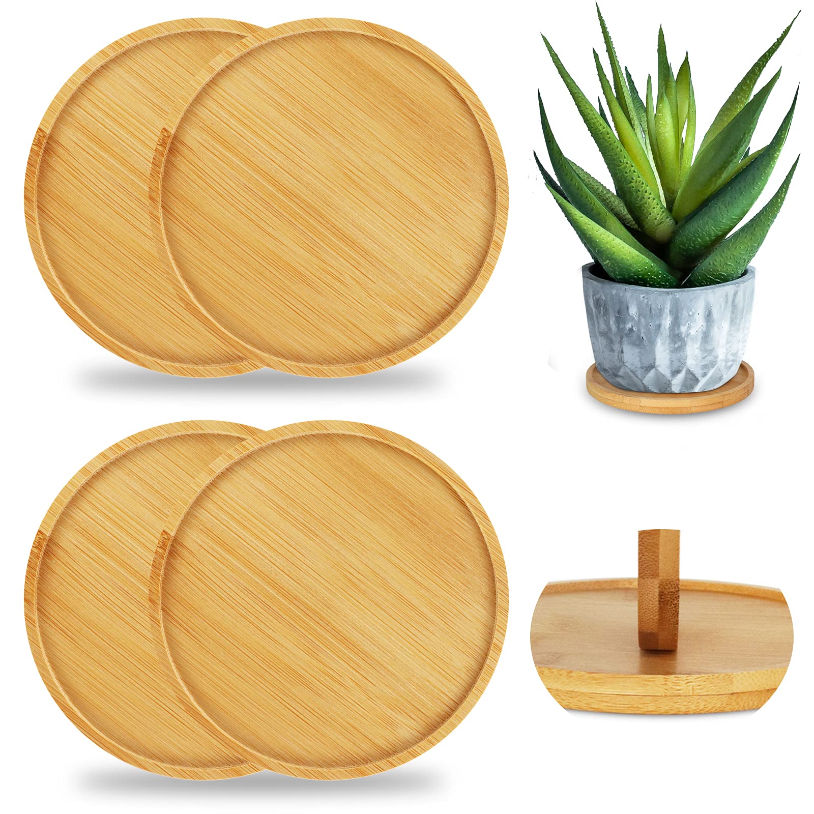 Ebingoo 4.7 Inch Bamboo Plant Saucer - Set of 4 Round Water Catch Trays for Indoor Flower Pots - No Drain Holes - Perfect for Home Decor, Office Plants & Gardening Essentials