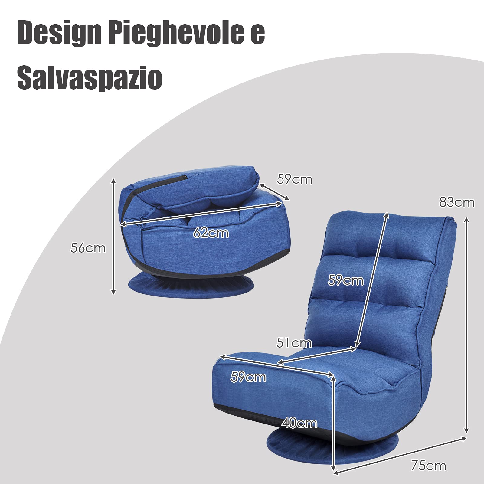 ErgoMaster Reclining Folding Floor Gaming Chair - 360° Swivel & 5 Adjustable Positions with Tufted Cushions for Home Office, Living Room, Bedroom - Perfect for Gaming, Working, Reading & Relaxing (Blue)
