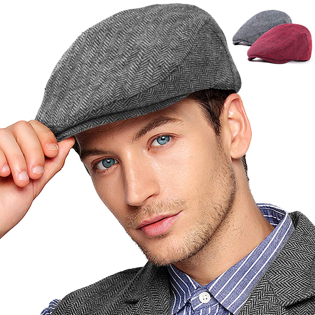 LADYBRO 2-Pack Adjustable Newsboy Caps for Men - Wool Blend Tweed Flat Hats | Vintage Irish Cabbie Style for Casual Wear & Outdoor Activities