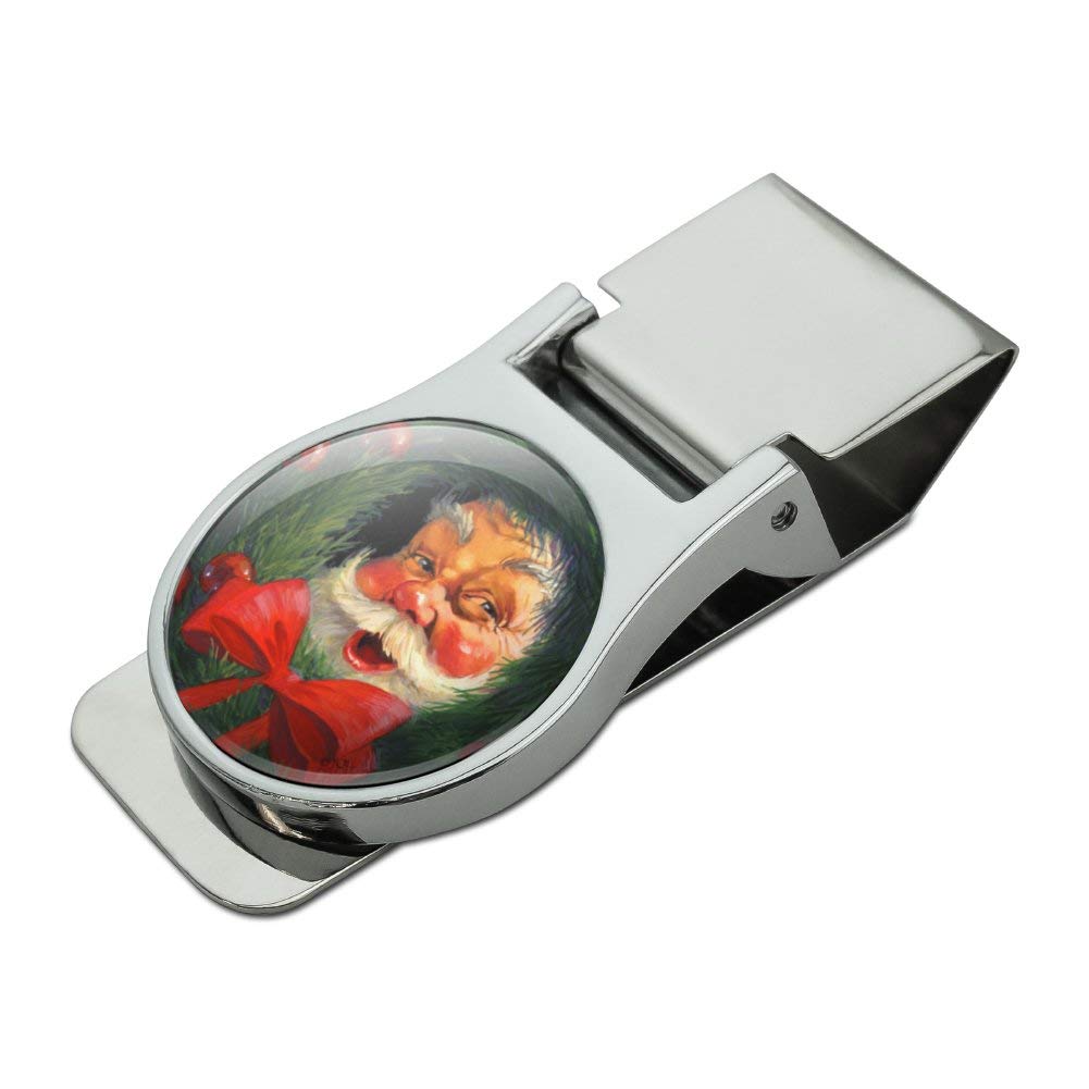 Santa Claus Christmas Wreath Money Clip - Satin Chrome Plated Metal Gift for Men | Perfect for Holiday Gifting, Stocking Stuffers & Cash Organization