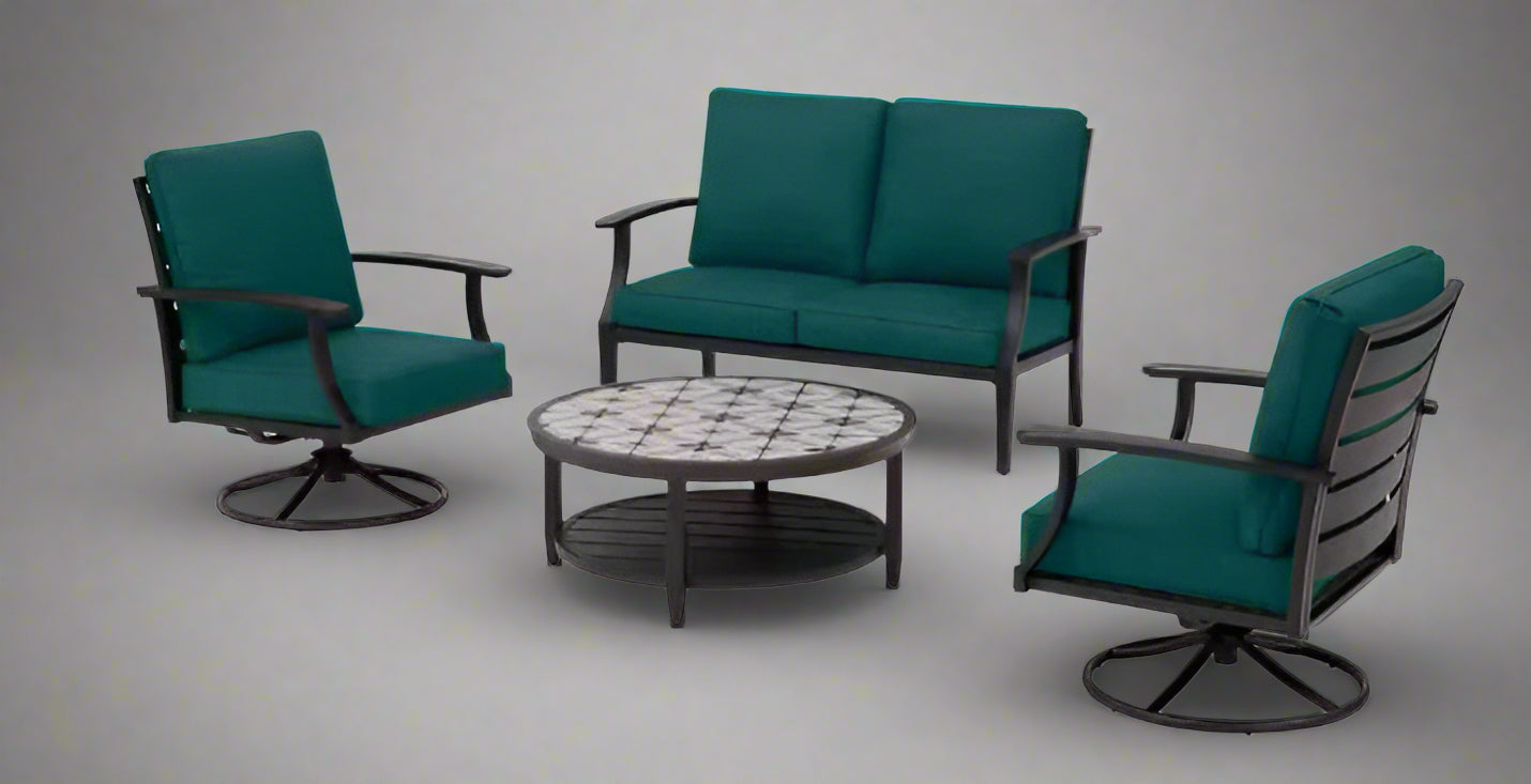 4-Piece Swivel Outdoor Metal Patio Furniture Set - Loveseat, 2 Chairs & Coffee Table - Durable Weather-Resistant Garden Seating for Backyard, Poolside or Deck - SKU: 820756