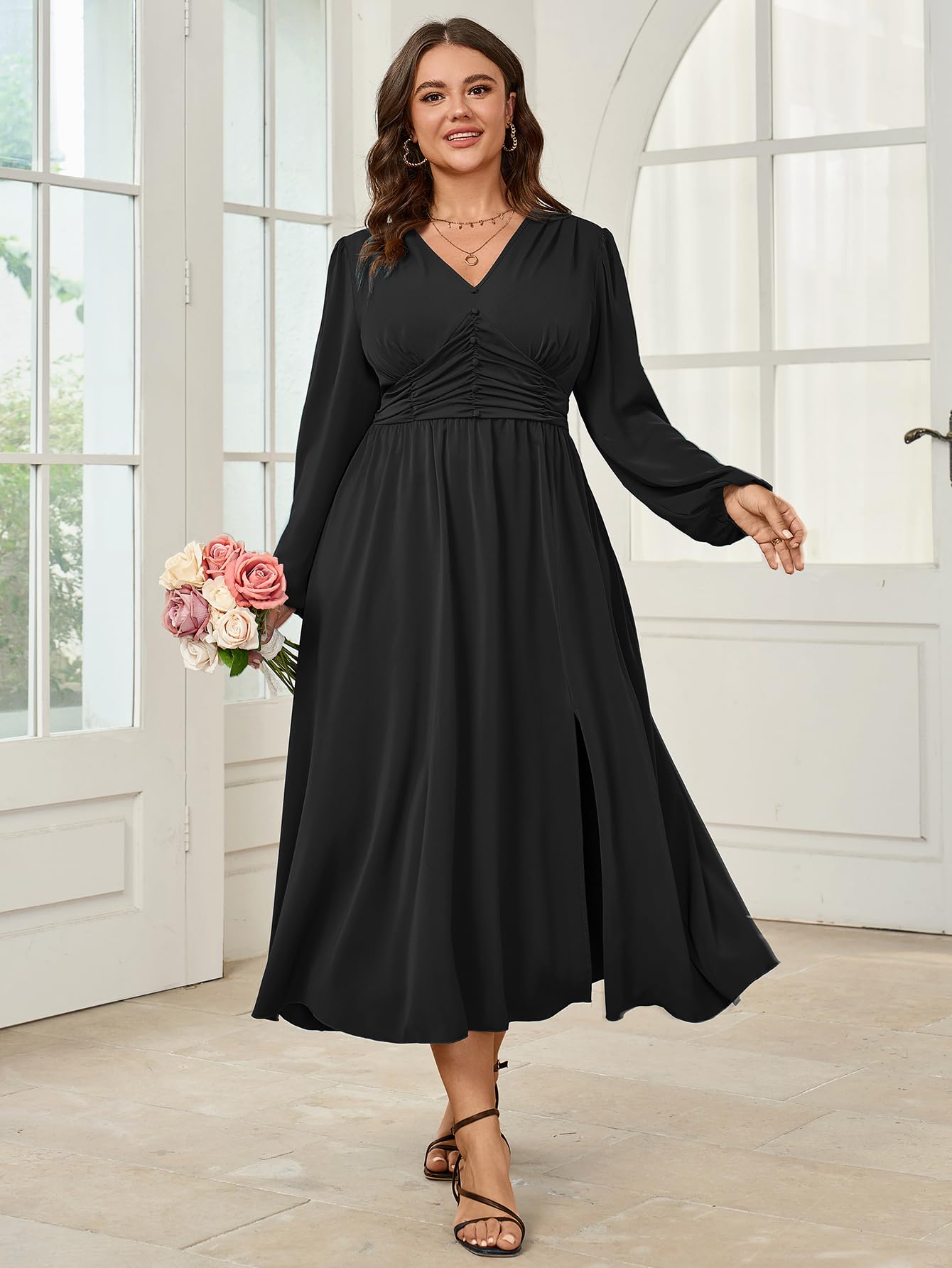 Plus Size Wedding Guest Cocktail Dress for Women - Long Sleeve V-Neck A-Line Maxi Dress with Elastic Waist & Side Slit | Perfect for Formal Events, Parties & Special Occasions