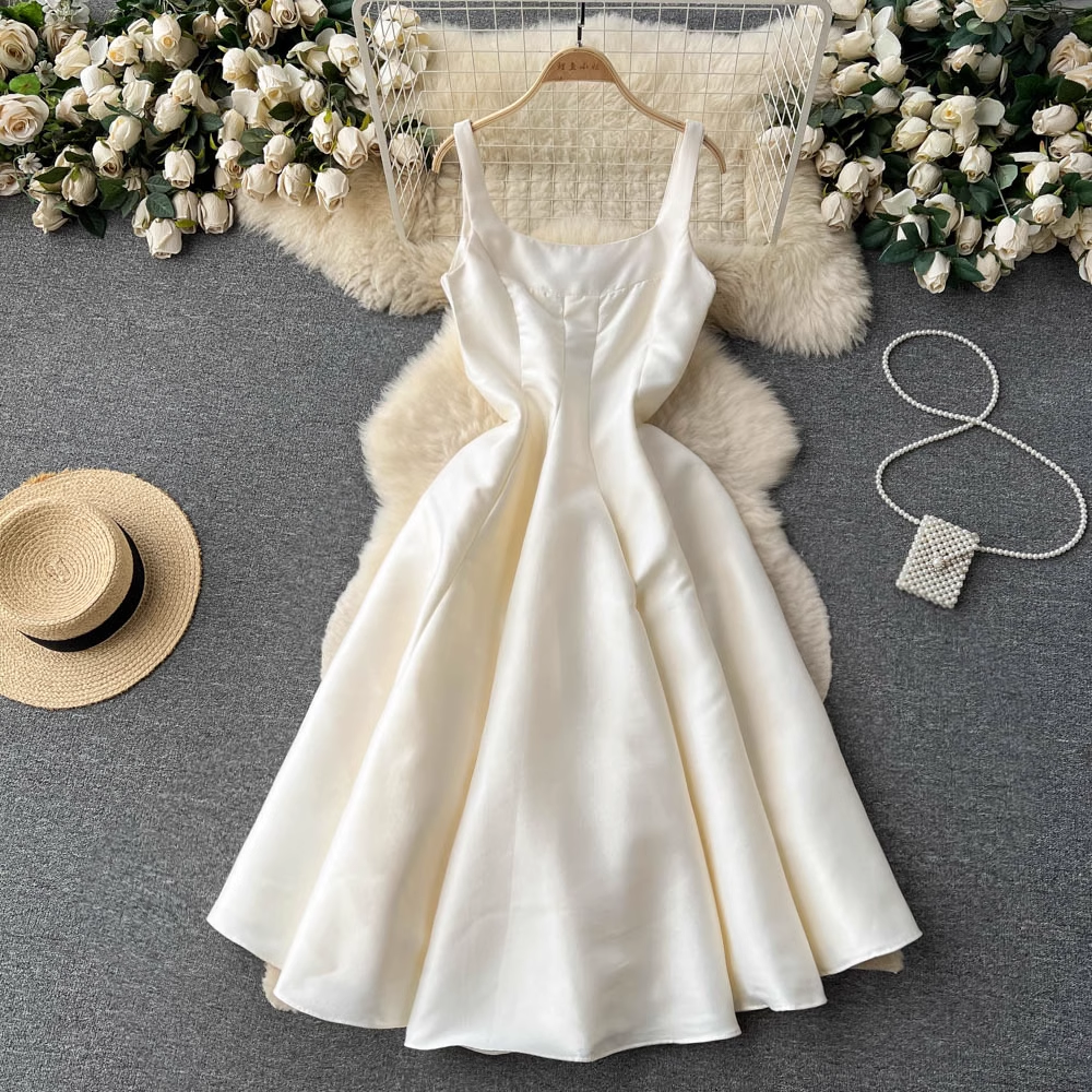 French Square Neck Midi Sleeveless Dress - Elegant Summer Flowy Dress for Women, Perfect for Beach Vacations, Weddings & Date Nights