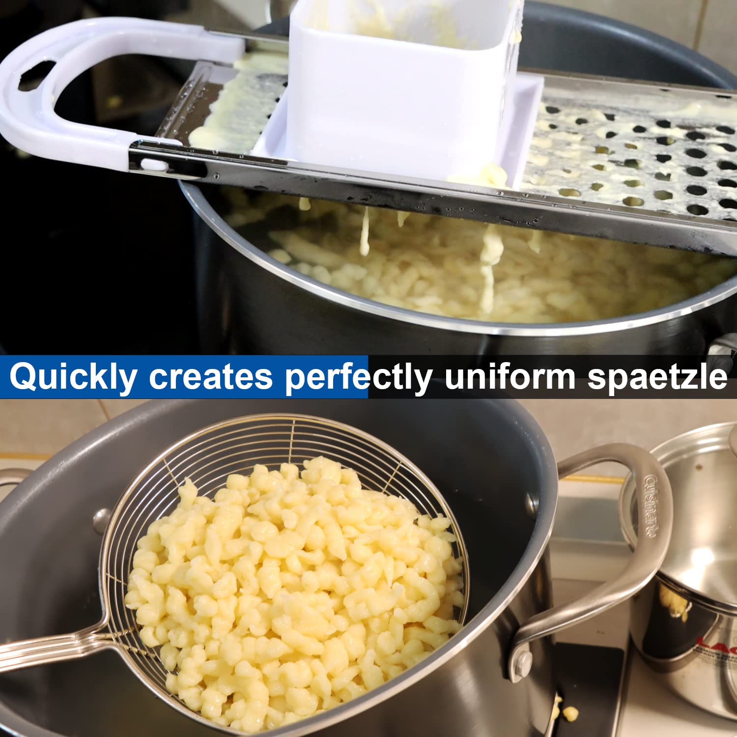 Premium Stainless Steel Spaetzle Maker - German Noodle & Dumpling Press with Safety Pusher - Perfect for Homemade Spaetzle, Pasta & Asian Dumplings