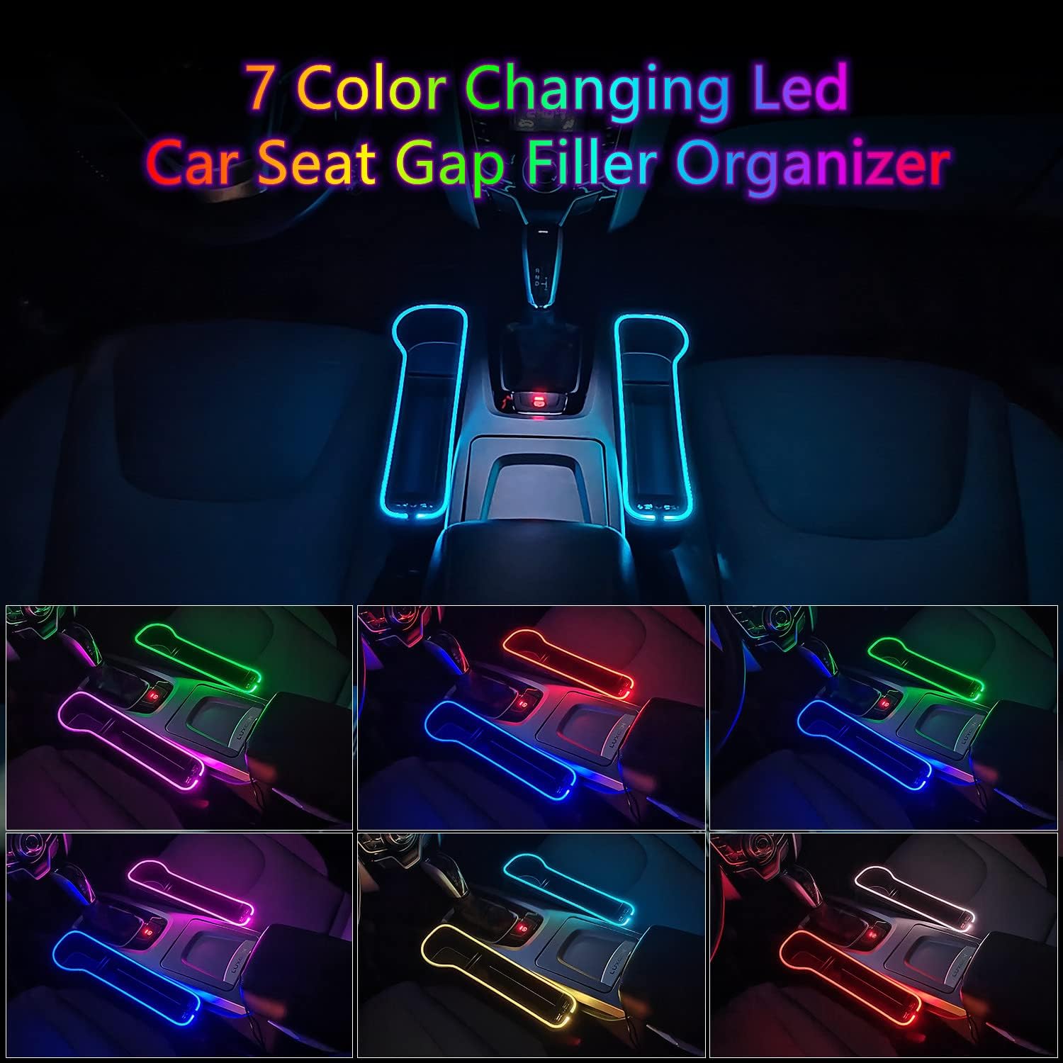 7 Color Changing LED Car Seat Gap Filler Organizer with Cup Holder & USB Fast Charger - 2 Pack Front Seat Storage Box with Flashlight (Blue/Red/Green/Black) - Perfect for Road Trips, Commuting & Keeping Your Car Organized