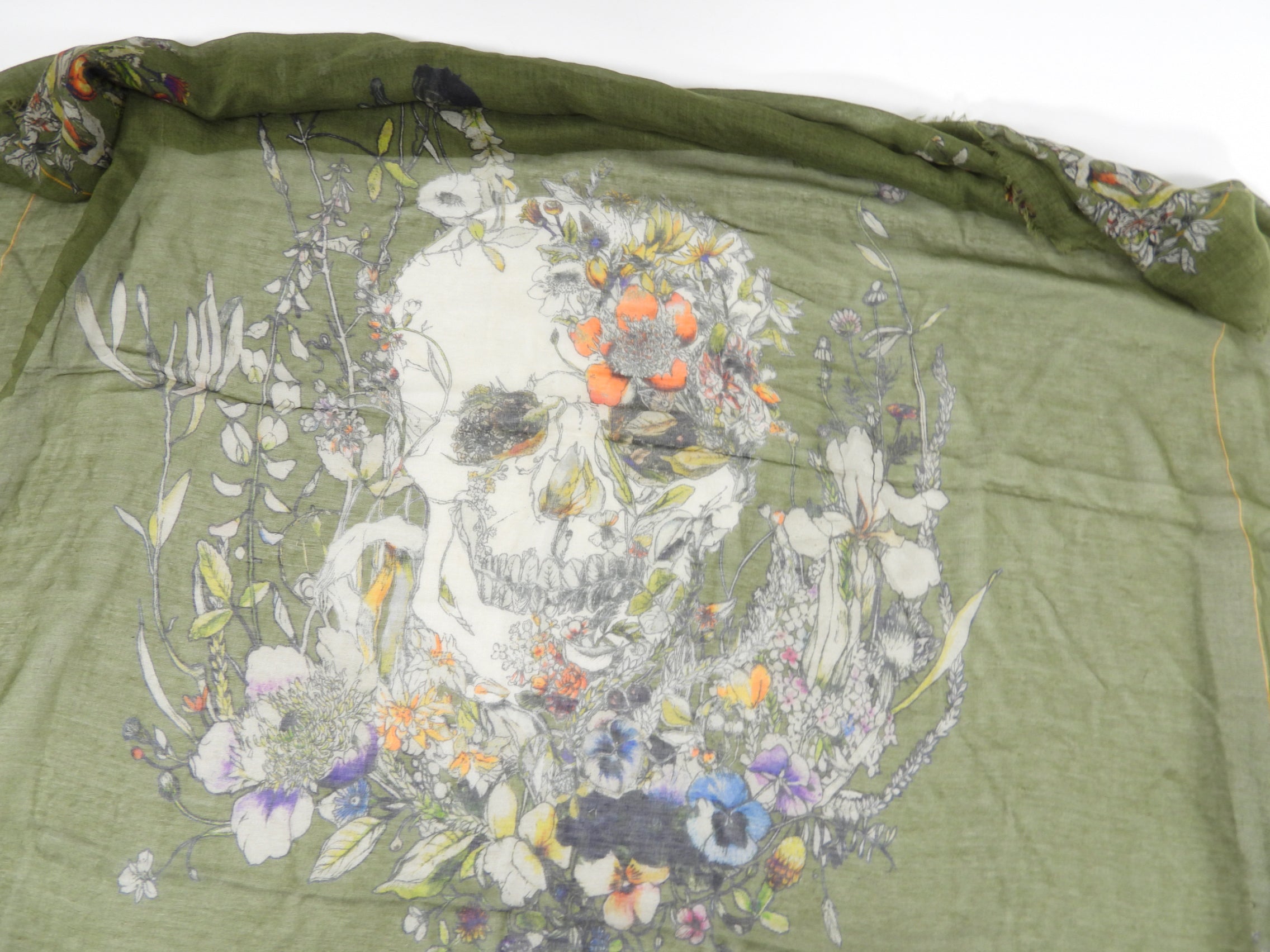Alexander McQueen Olive Green Cashmere Silk Scarf with Floral Skull Design - Luxury Fashion Accessory for Women, Perfect for Winter & Fall Outfits