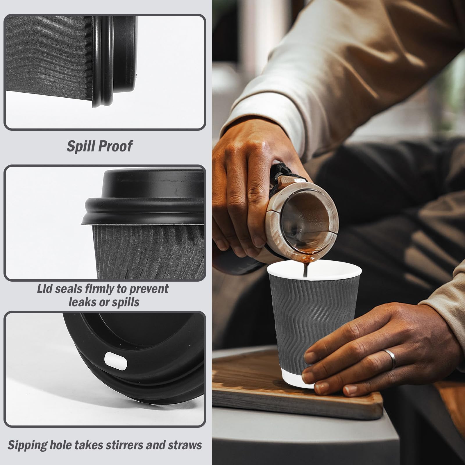 Lamosi 500 Pack - 12 oz Insulated Disposable Coffee Cups with Lids, To-Go Paper Coffee Cups for Hot Drinks, Corrugated Ripple Wall Design for Office, Coffee Bar, Cafes, and Takeout - Grey