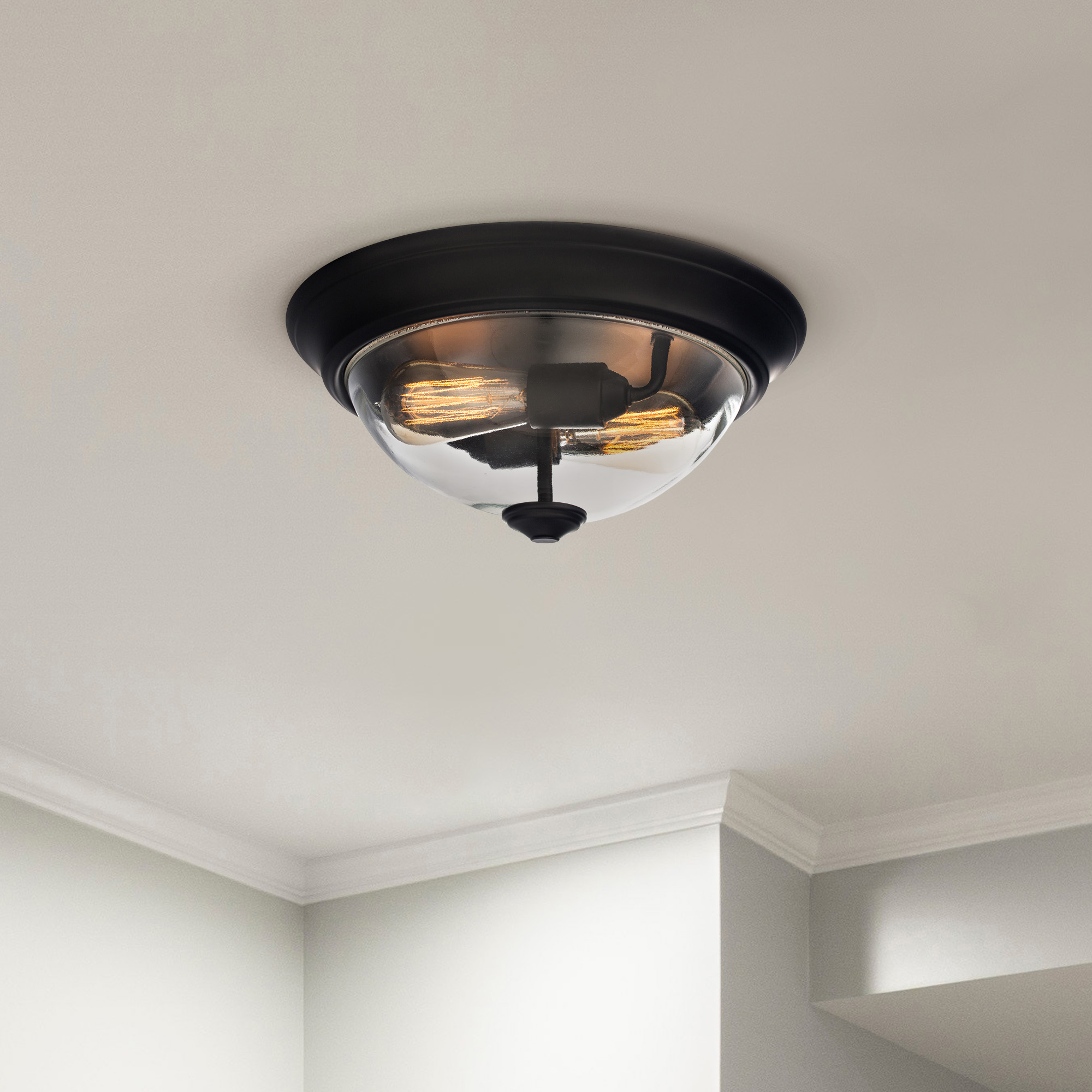 13 Inch Designer Series Flush Mount Bowl Light - Clear Glass with Bronze Finish for Kitchen Island, Dining Room or Bathroom Lighting