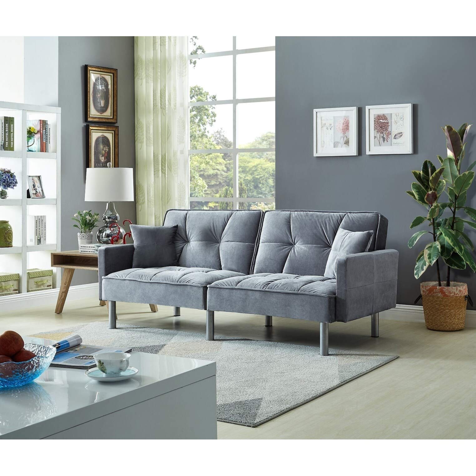 Emma Velvet Mid-Century Modern Sofa Sleeper in Blue - Convertible Sleeper Sofa for Small Spaces, Living Room & Guest Room Comfort