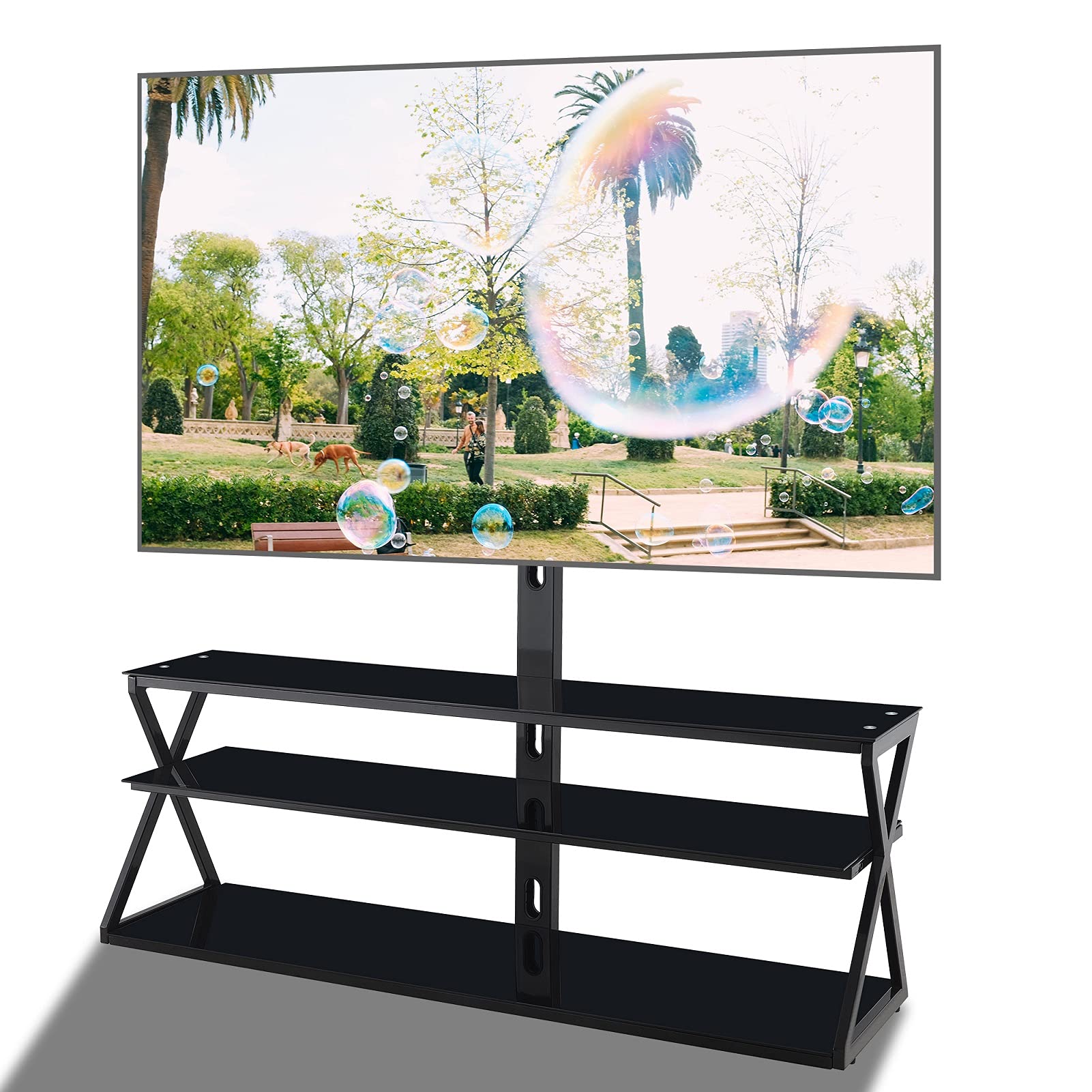 Noyy Swivel Height Adjustable TV Stand with Mount - Universal Floor TV Stand for 32-70 Inch TVs, Black Tempered Glass Entertainment Center with Media Storage - Perfect for Living Room, Bedroom & Home Theater Setup