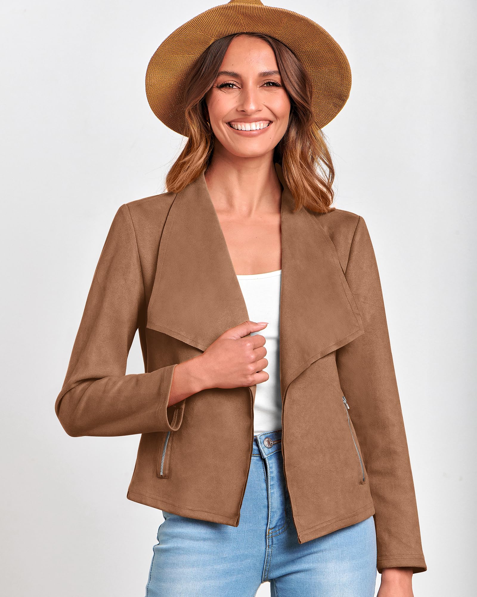 BTFBM Women's Faux Suede Jacket - Elegant Lapel Long Sleeve Open Front Cropped Coat for Spring Summer 2025 | Perfect for Office Wear, Date Nights & Casual Outings