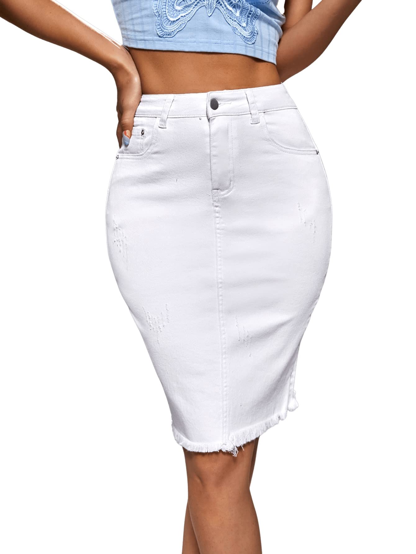 SweatyRocks Women's High Waist Distressed Denim Short Skirt with Raw Hem & Side Slits - Casual Summer Outfit for Streetwear, Beach, and Music Festivals