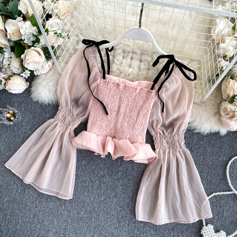 Fairy Puff Sleeve Pleated Cropped Chiffon Blouse for Women - Elegant Flowy Summer Tops for Casual Wear, Date Night & Office Outfits