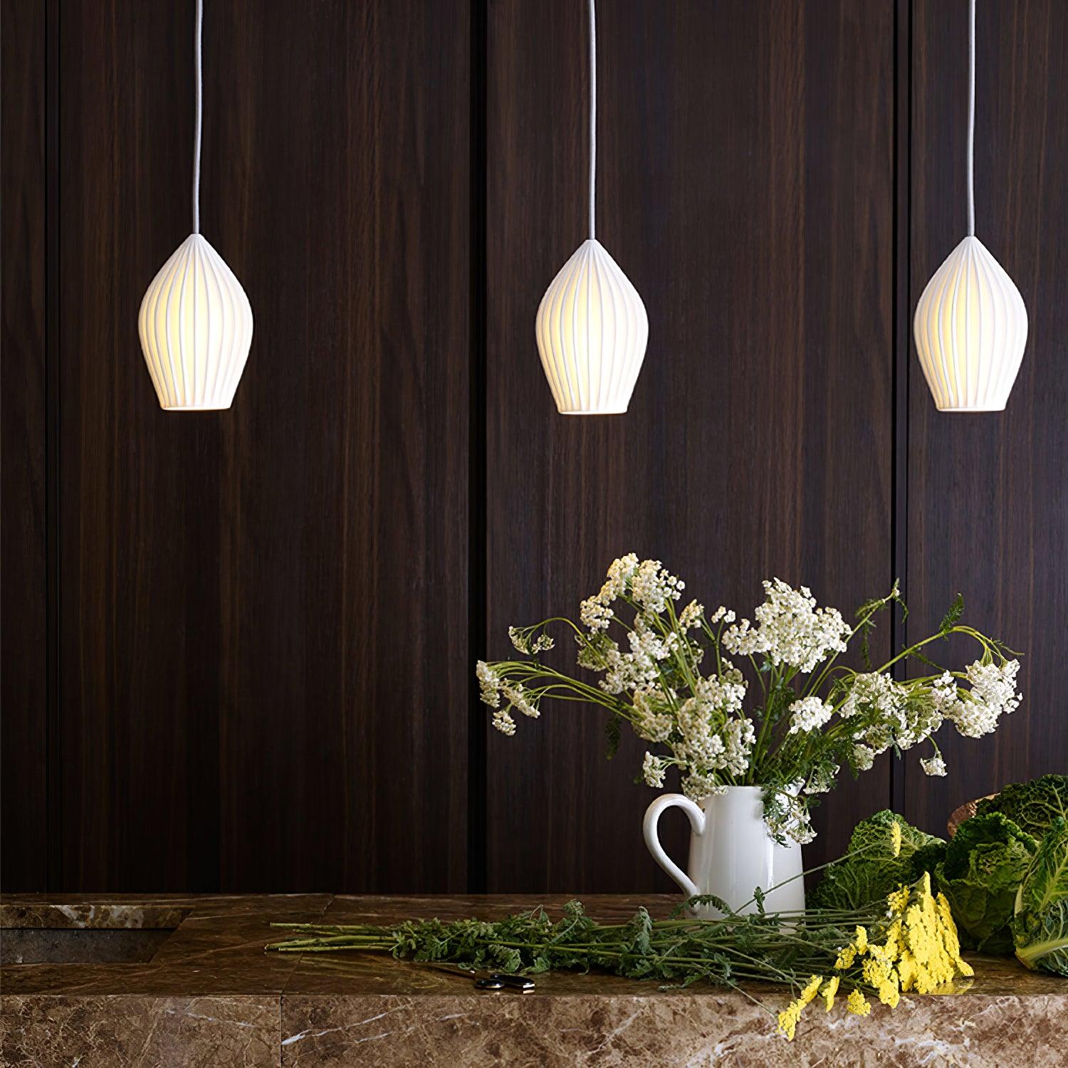 Modern Ceramic Ribbed Pendant Light Fixture - Handcrafted Farmhouse Ceiling Lamp for Kitchen, Dining Room & Bedroom Lighting