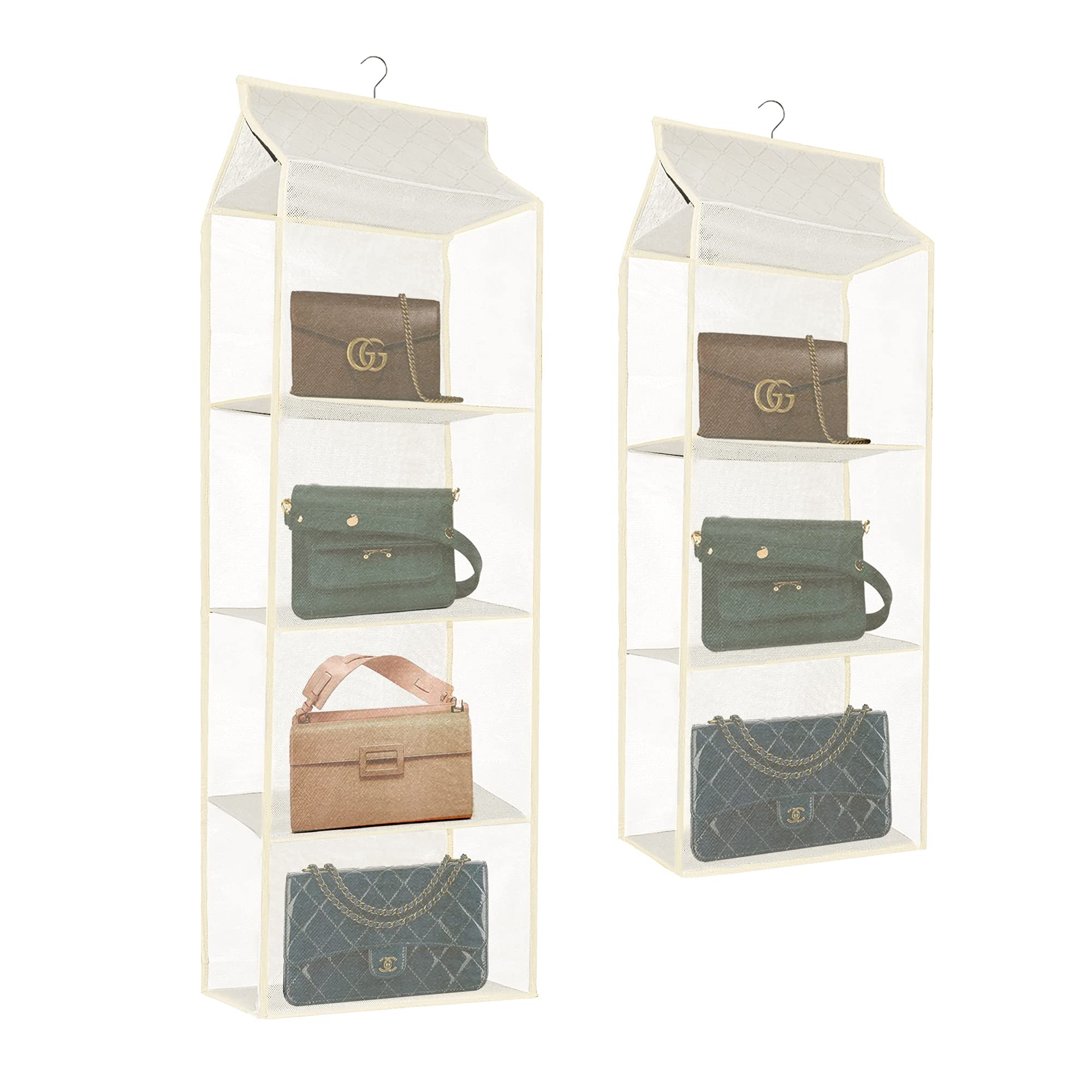 2 Pack Hanging Handbag & Purse Organizer for Closet - Space Saving Bag Storage Holder with 4 Shelves & 3 Shelves - Perfect for Wardrobe, Closet, and Bedroom Organization (Beige) - Ideal for Storing Purses, Handbags, Totes, and Accessories