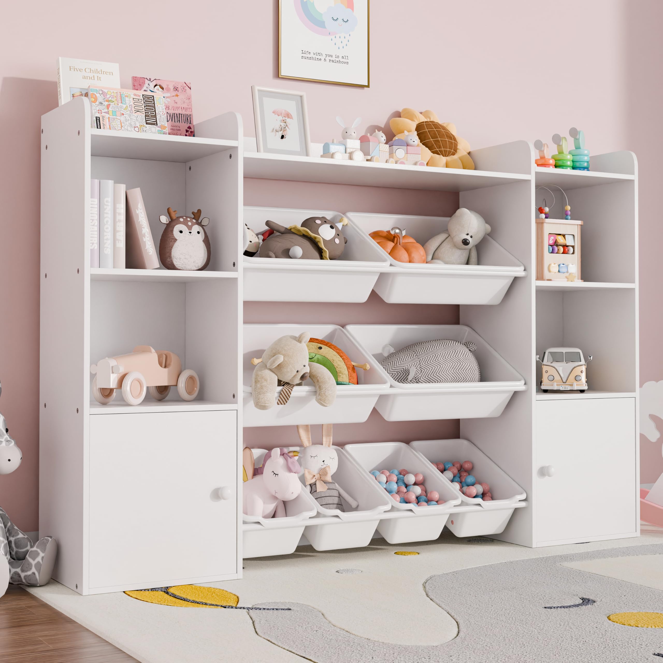 Xilingol Kids Toy Storage Organizer with 8 Removable Bins & 6 Storage Cubbies - 4-Tier Bookshelf for Playroom, Bedroom, Classroom - Perfect for Organizing Toys, Books, and Supplies