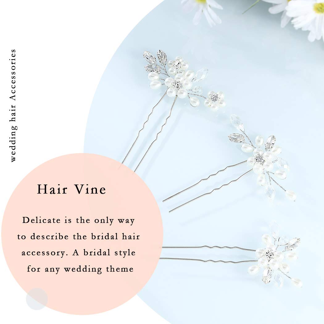 Silver Pearl Bridal Hair Pins - Rhinestone Wedding Hair Clips for Women (3-Pack) - Perfect for Brides & Prom