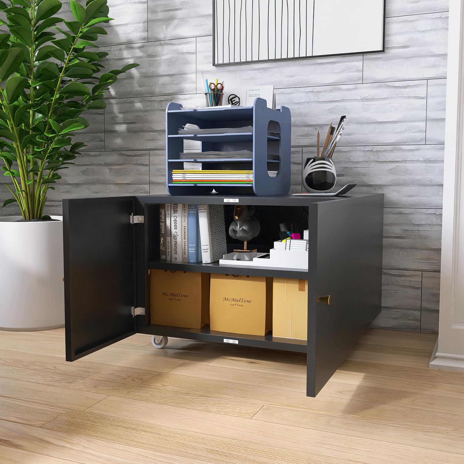 Compact Metal Printer Stand with Storage Doors - Modern Black Under Desk Organizer for Fax Machine, Scanner & Computer - Perfect for Small Home Office Spaces & Workspace Organization