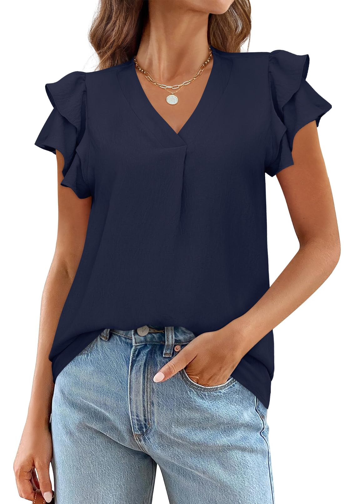 MEROKEETY Women's 2025 Summer V-Neck Ruffle Blouse - Short Sleeve Office Shirt, Business Casual Top for Work & Everyday Wear | Perfect for Office, Dates & Summer Outings